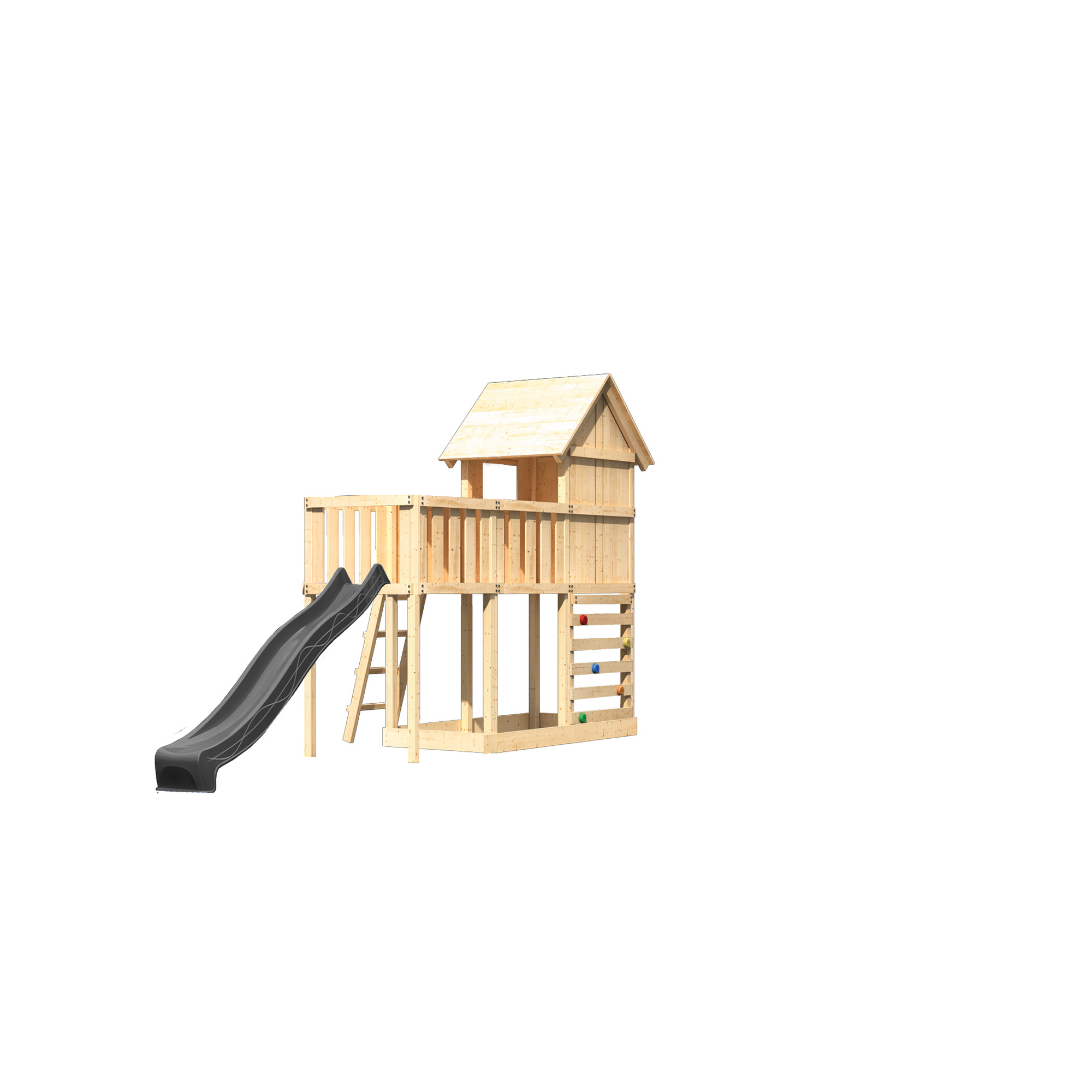 Kinderspielhaus 'Frieda' Fichtenholz naturbelassen mit Rutsche anthrazit, Anbauplattform, Kletterwand 107 x 291 x 107 cm