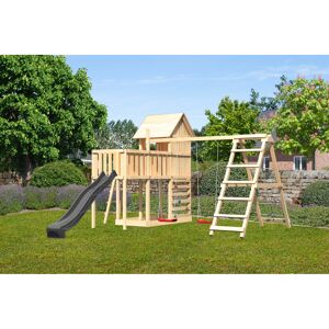 Kinderspielhaus 'Frieda' Fichtenholz naturbelassen mit Rutsche anthrazit, Doppelschaukel, Klettergerüst + Anbauplattform, Kletterwand 107 x 291 x 107 cm