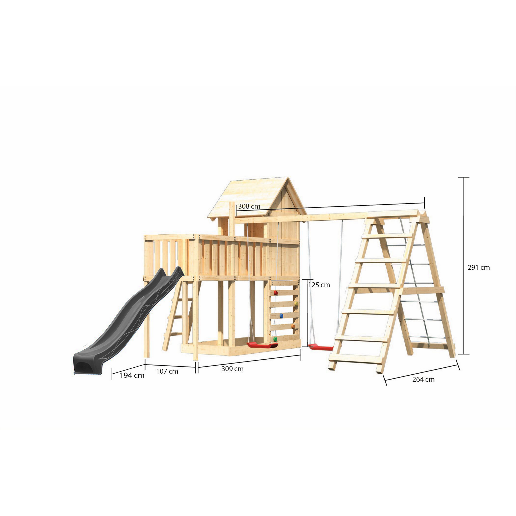Kinderspielhaus 'Frieda' Fichtenholz naturbelassen mit Rutsche anthrazit, Doppelschaukel, Klettergerüst + Anbauplattform, Kletterwand 107 x 291 x 107 cm