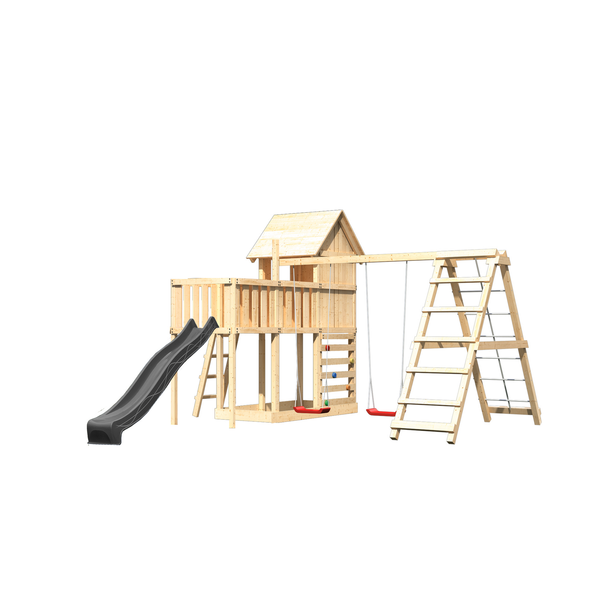 Kinderspielhaus 'Frieda' Fichtenholz naturbelassen mit Rutsche anthrazit, Doppelschaukel, Klettergerüst + Anbauplattform, Kletterwand 107 x 291 x 107 cm