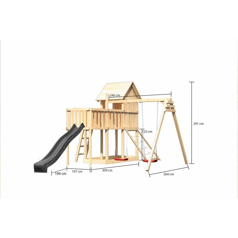 Kinderspielhaus 'Frieda' Fichtenholz naturbelassen mit Rutsche anthrazit, Doppelschaukel, Anbauplattform, Netzrampe 107 x 291 x 107 cm