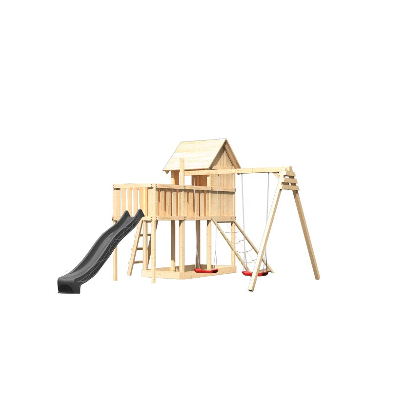 Kinderspielhaus 'Frieda' Fichtenholz naturbelassen mit Rutsche anthrazit, Doppelschaukel, Anbauplattform, Netzrampe 107 x 291 x 107 cm