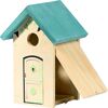 Holz-Nistkasten mit blau-grünem Dach und aufklappbarer Seite
