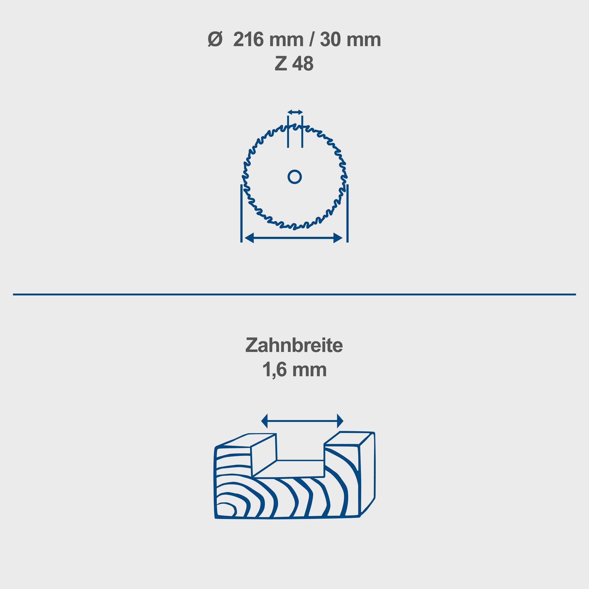 Kreissägeblatt mit Hartmetall-Werkstoffzähnen Ø 216 x 30 x 2,8 x 1,6 mm Wechselzahn Z48