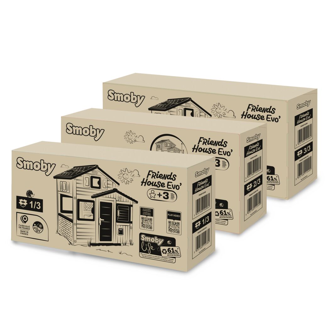 Drei Kartons des Smoby Friends House Evo Spielhauses.