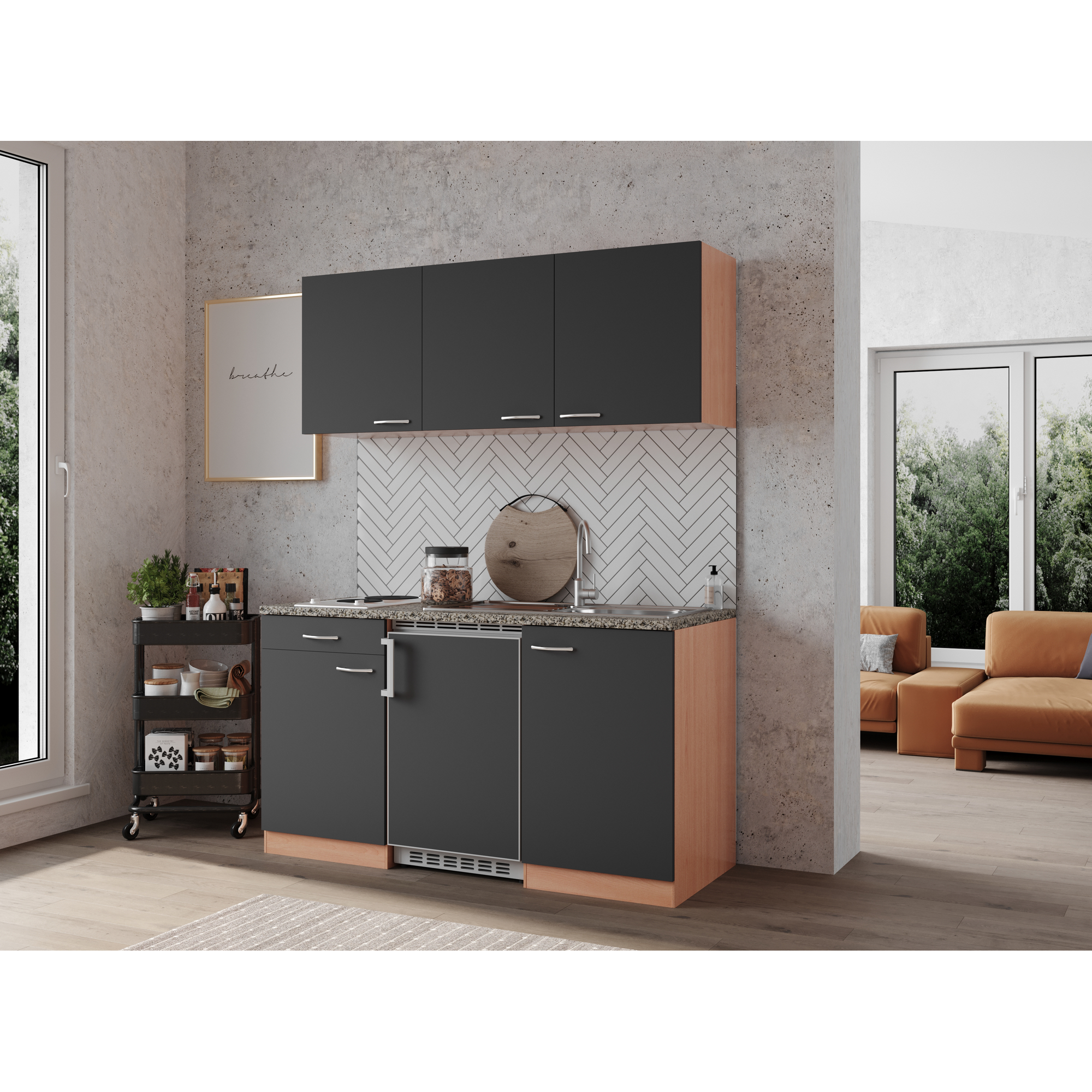 Küchenzeile 'Gerda' mit E-Geräten grau 150 cm