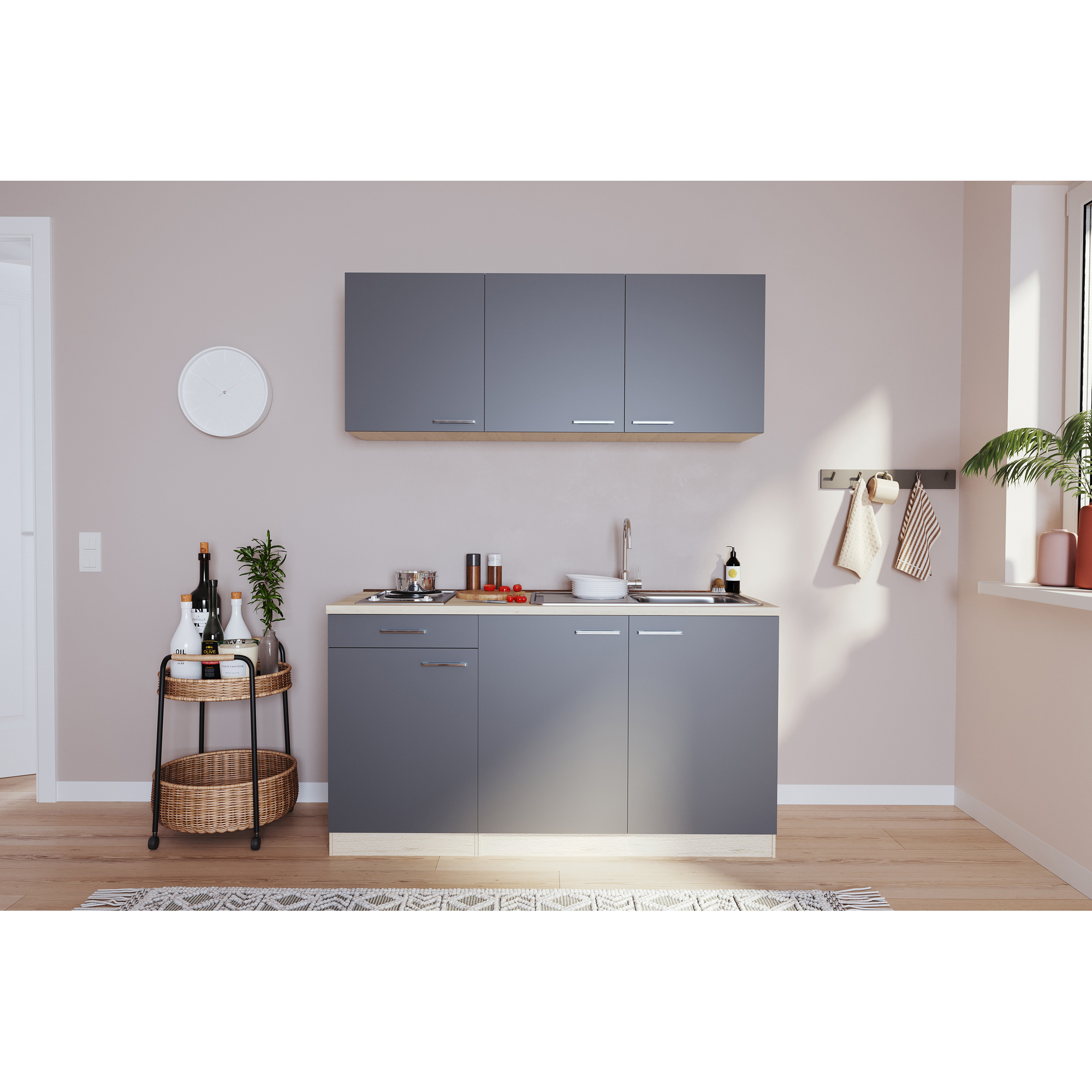 Küchenzeile 'Luis' mit E-Geräten grau/eichefarben 150 cm