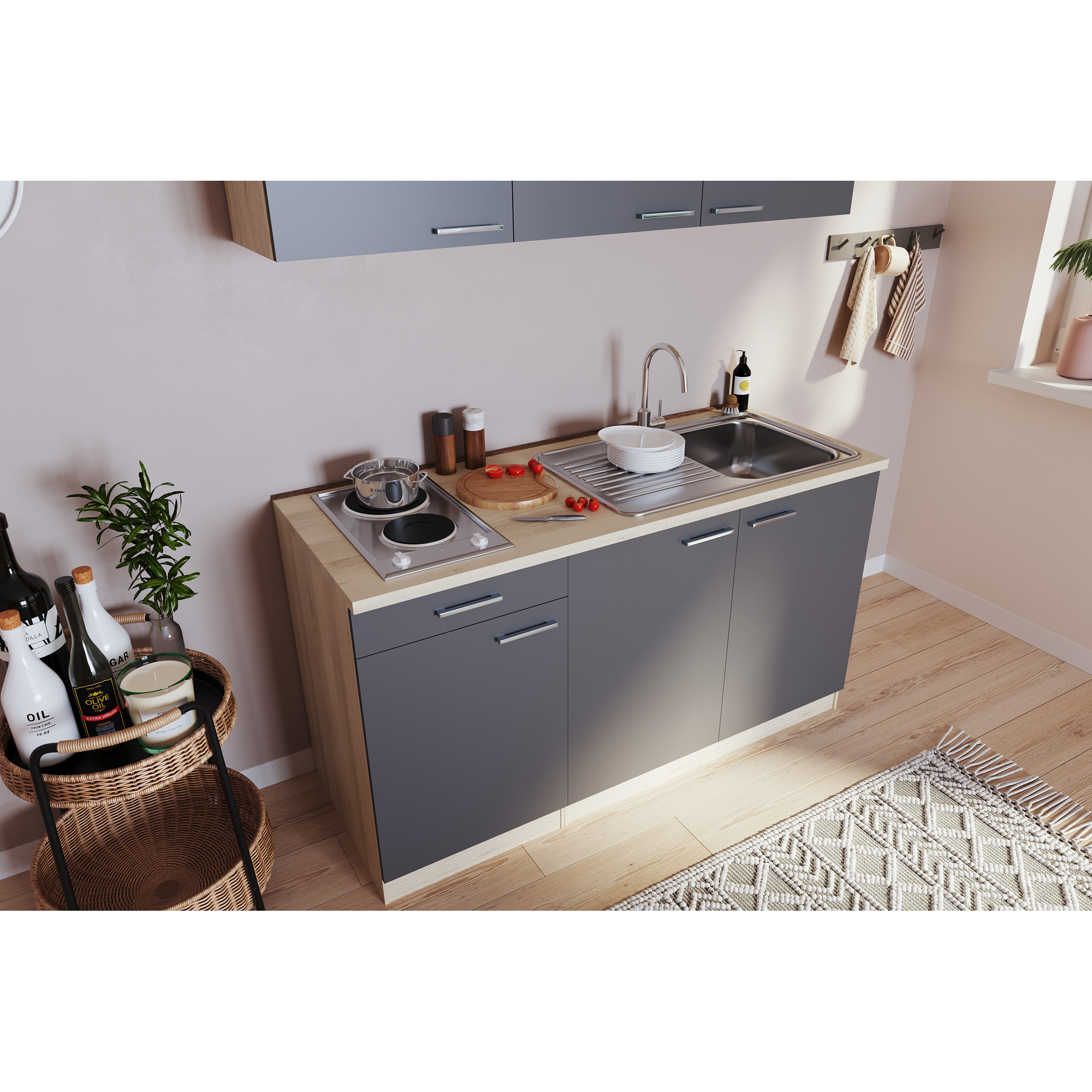 Küchenzeile 'Luis' mit E-Geräten grau/eichefarben 150 cm