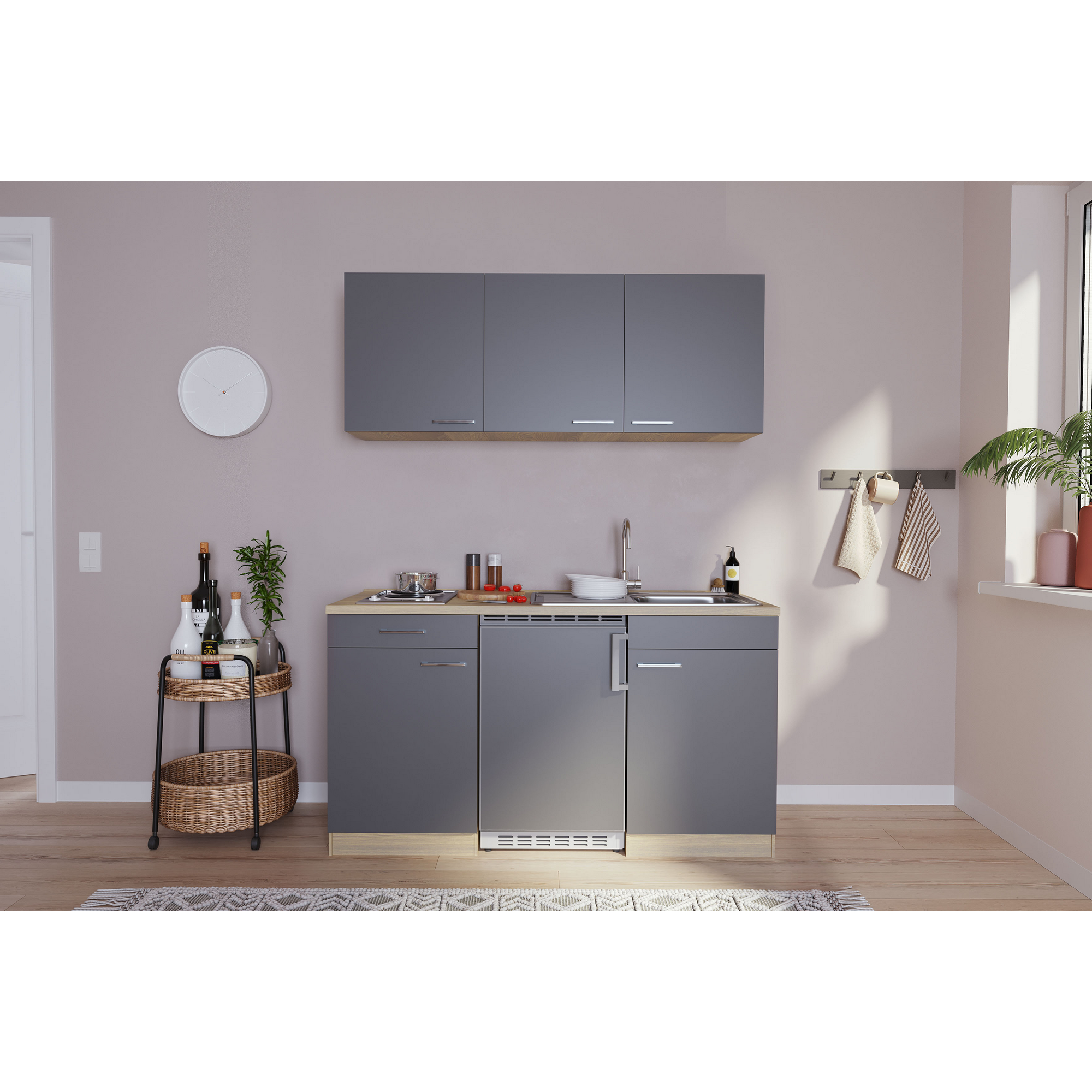 Küchenzeile 'Luis' mit E-Geräten grau/eichefarben 150 cm