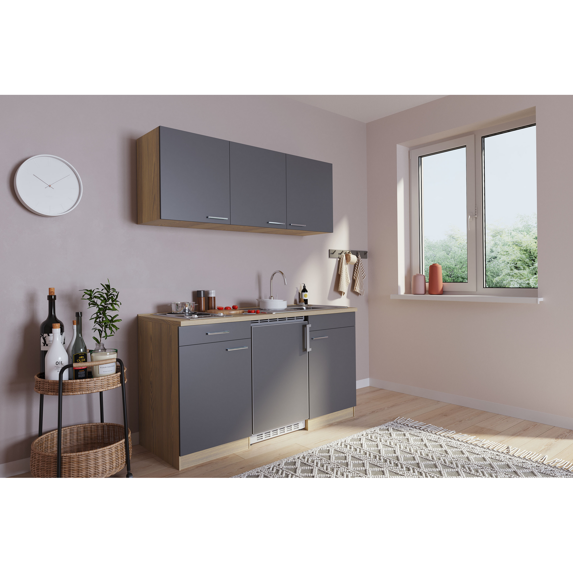 Küchenzeile 'Luis' mit E-Geräten grau/eichefarben 150 cm