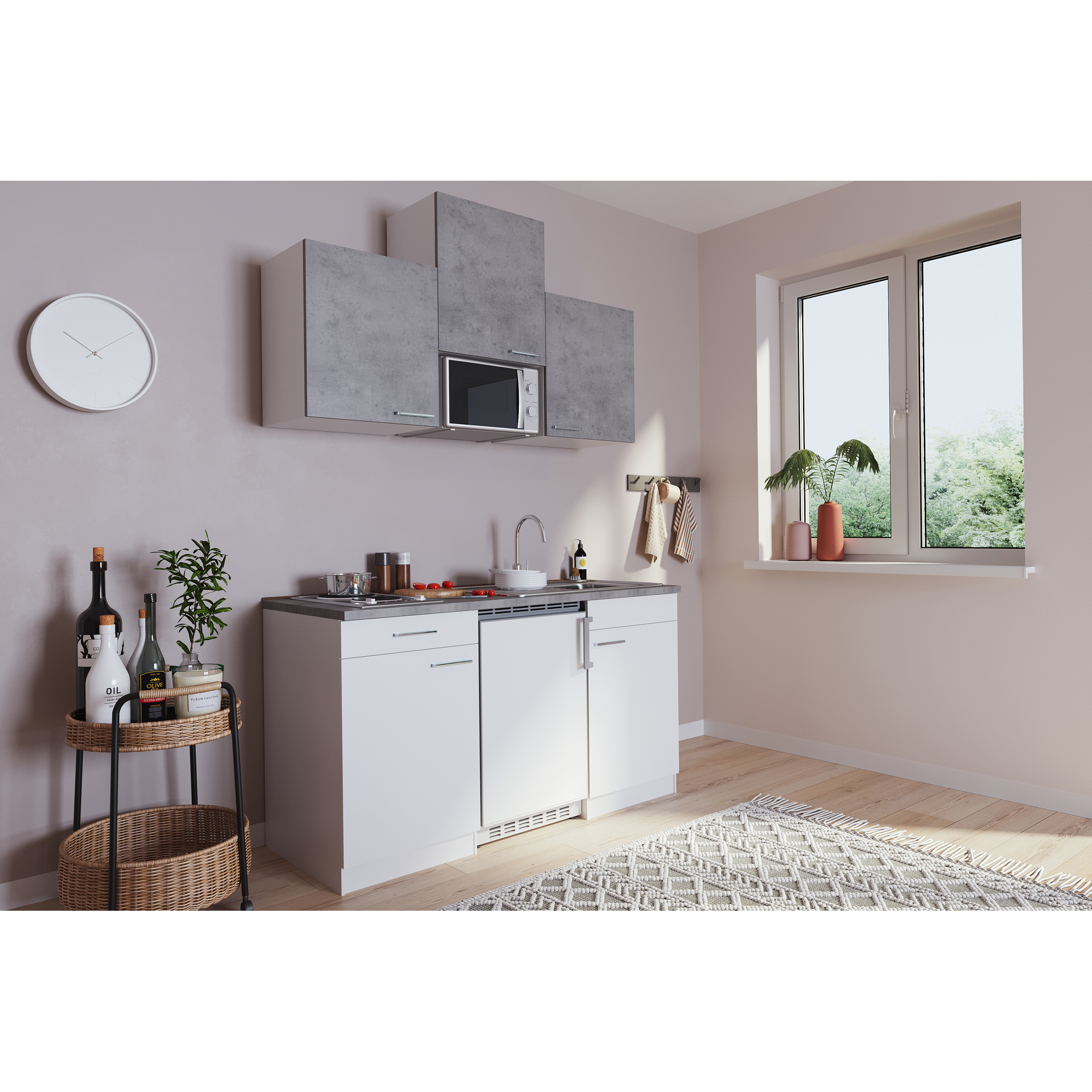 Küchenzeile 'Luis' mit E-Geräten weiß/betongrau 150 cm