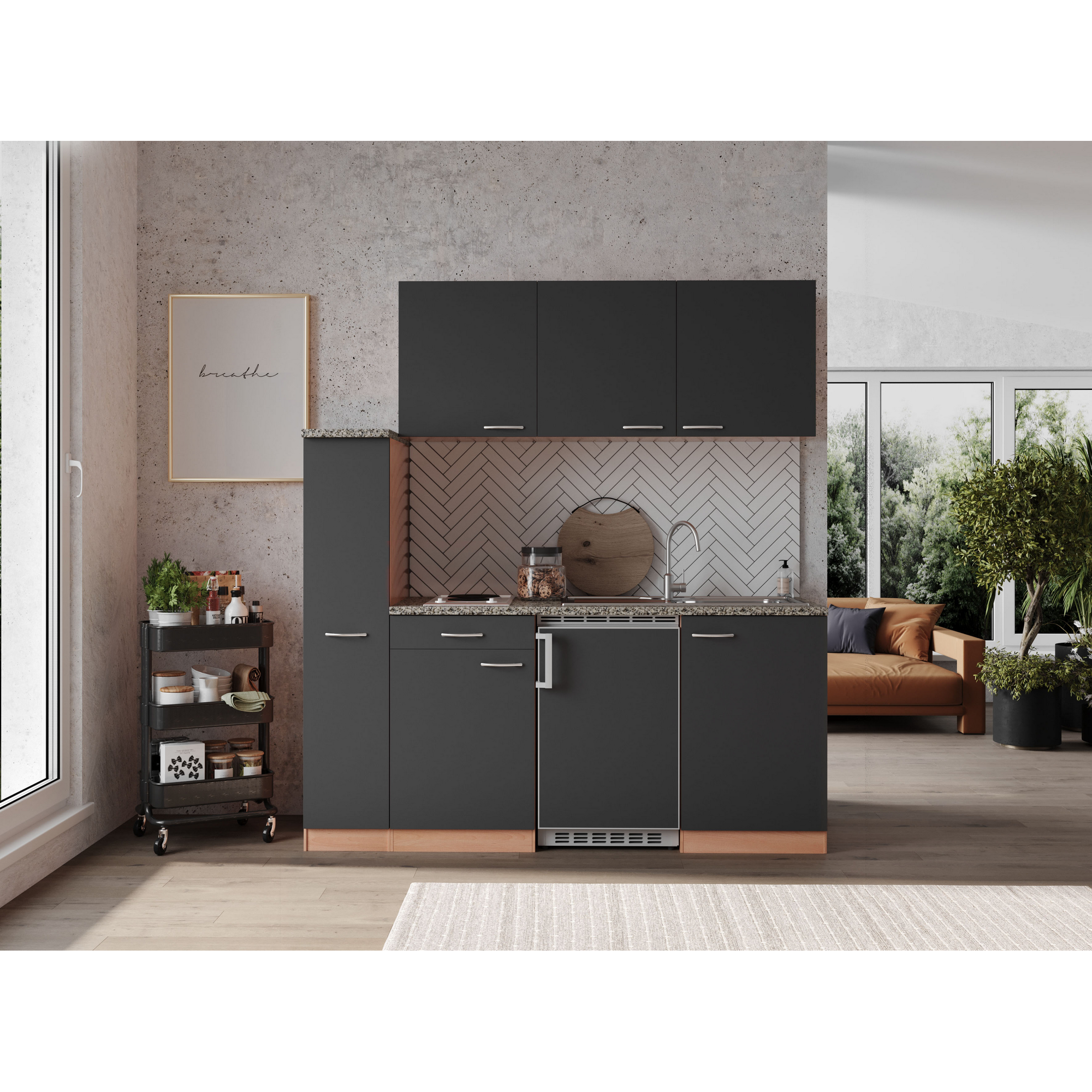 Küchenzeile 'Gerda' mit E-Geräten grau/buchefarben 180 cm