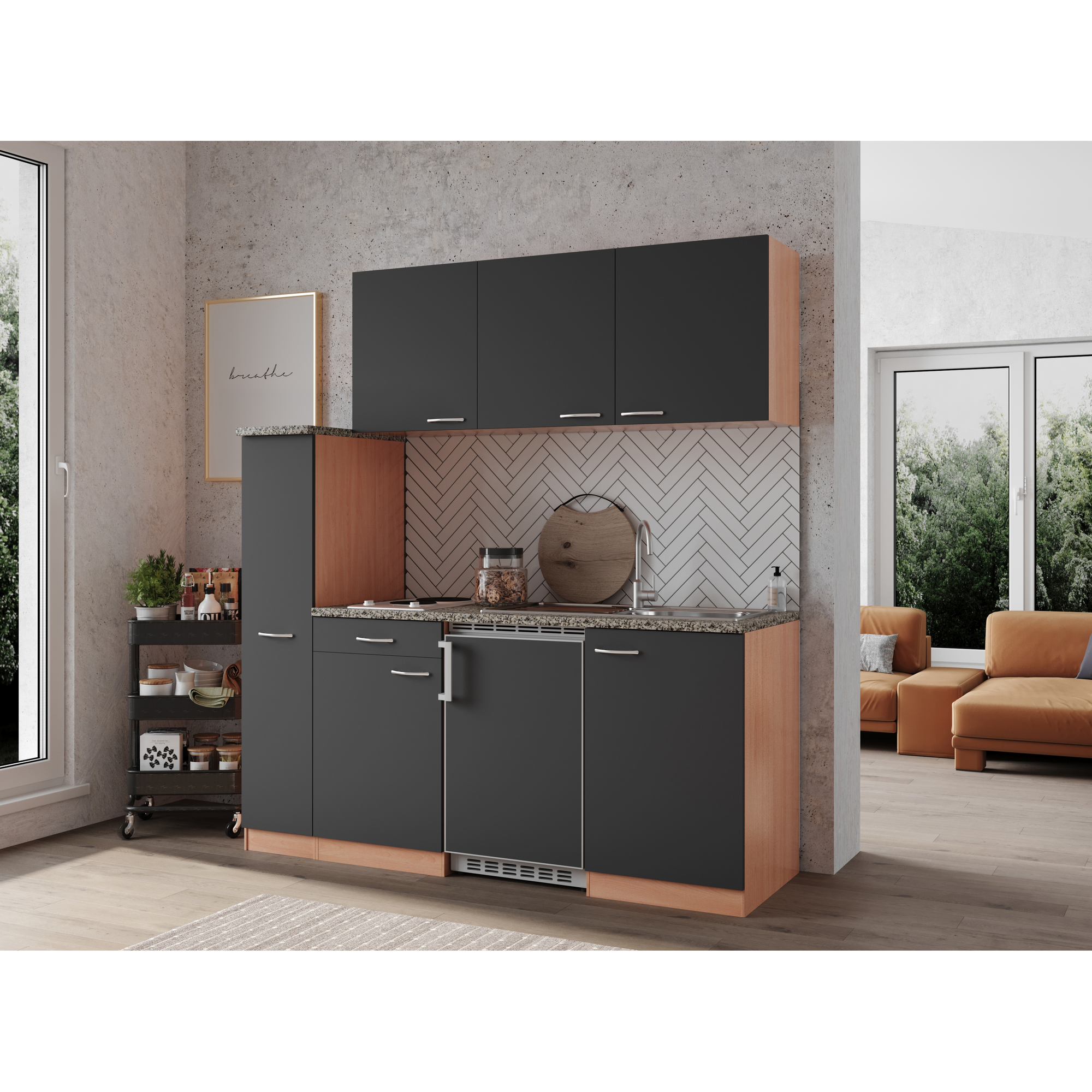 Küchenzeile 'Gerda' mit E-Geräten grau/buchefarben 180 cm