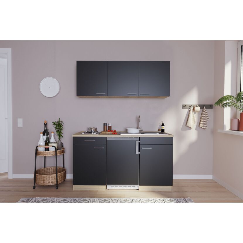 Küchenzeile 'Luis' mit E-Geräten schwarz/eichefarben 150 cm