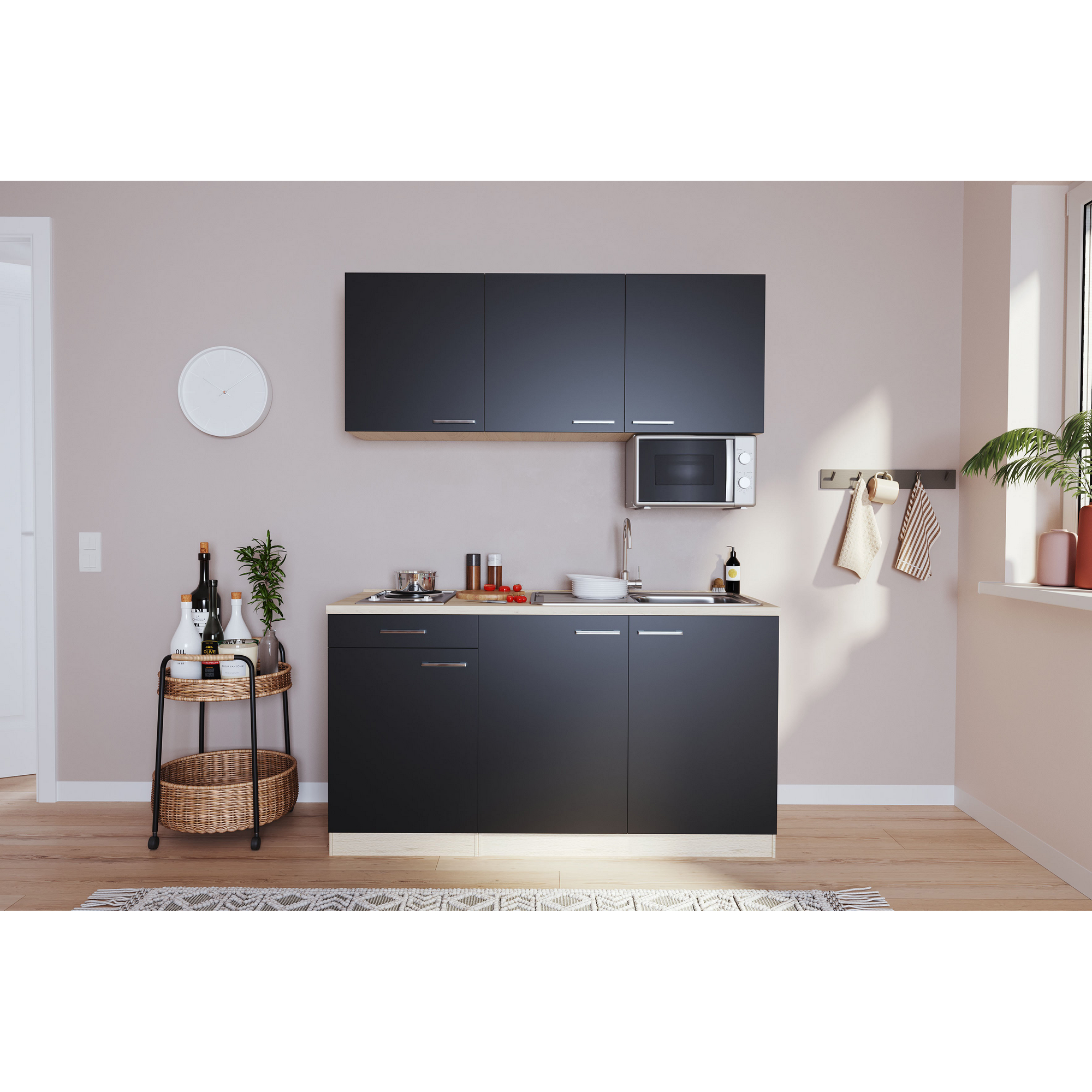 Küchenzeile 'Luis' mit E-Geräten schwarz/eichefarben 150 cm