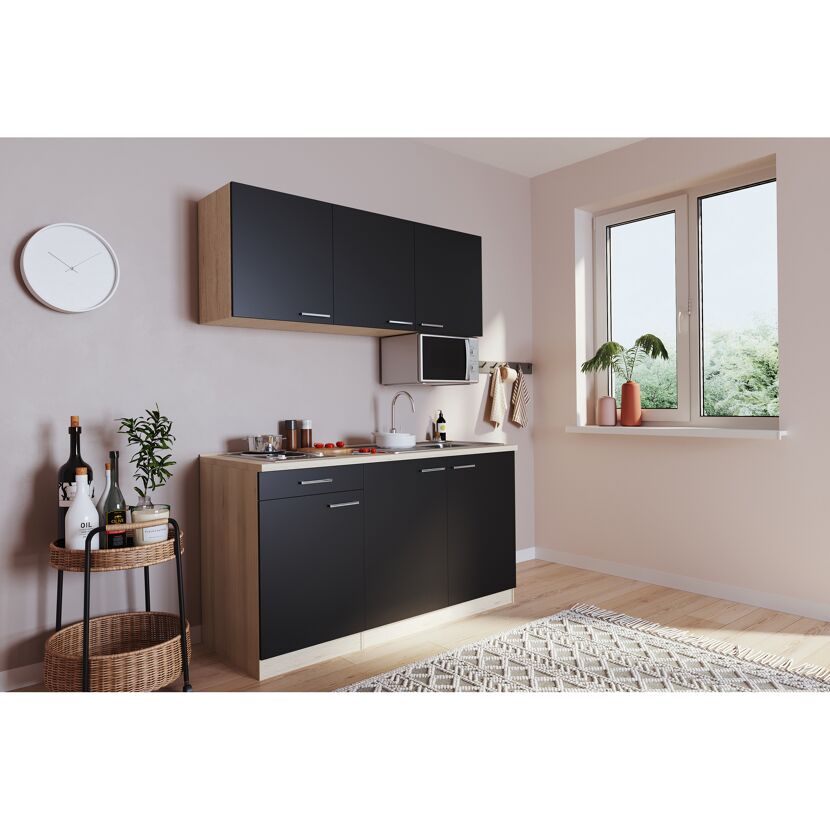 Küchenzeile 'Luis' mit E-Geräten schwarz/eichefarben 150 cm