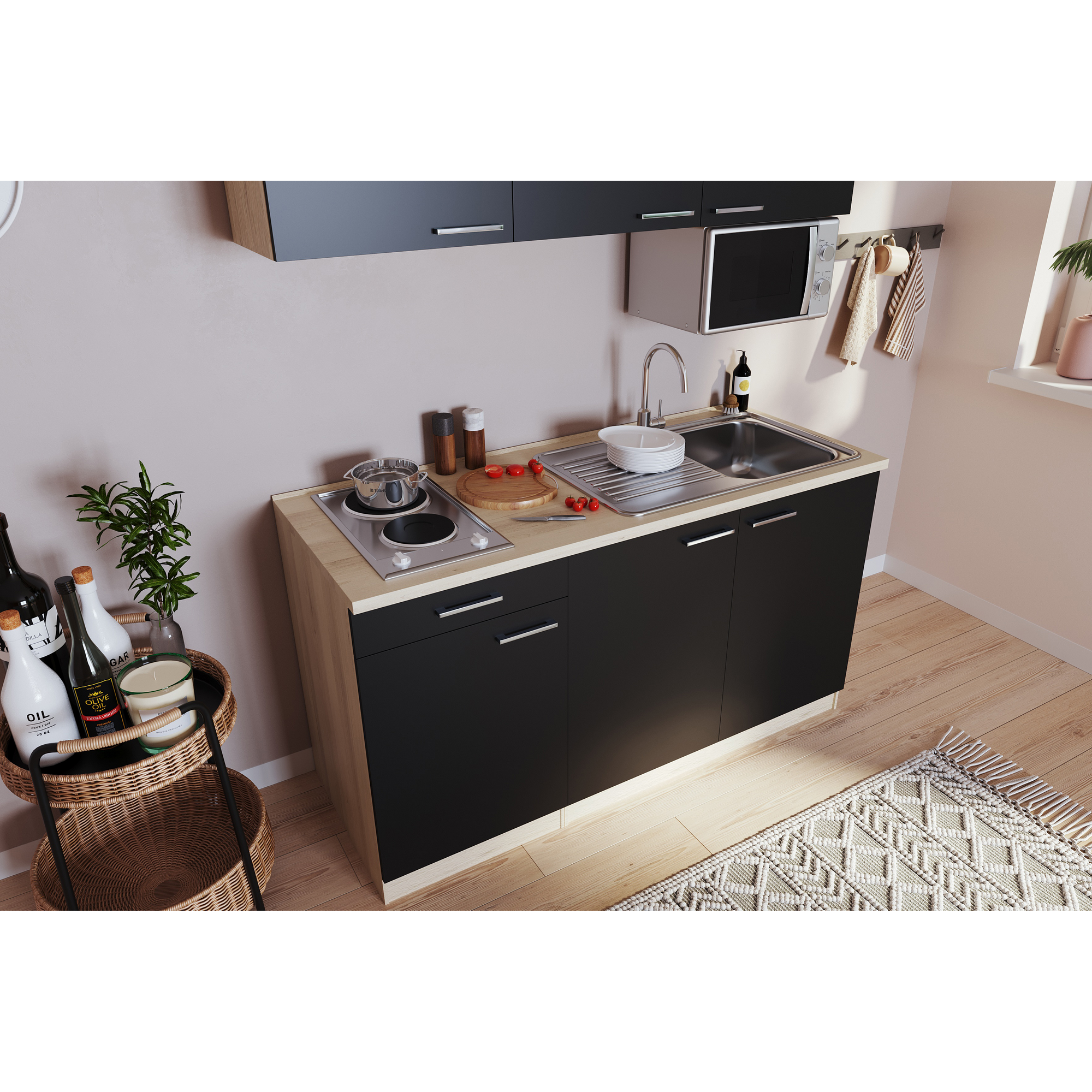 Küchenzeile 'Luis' mit E-Geräten schwarz/eichefarben 150 cm