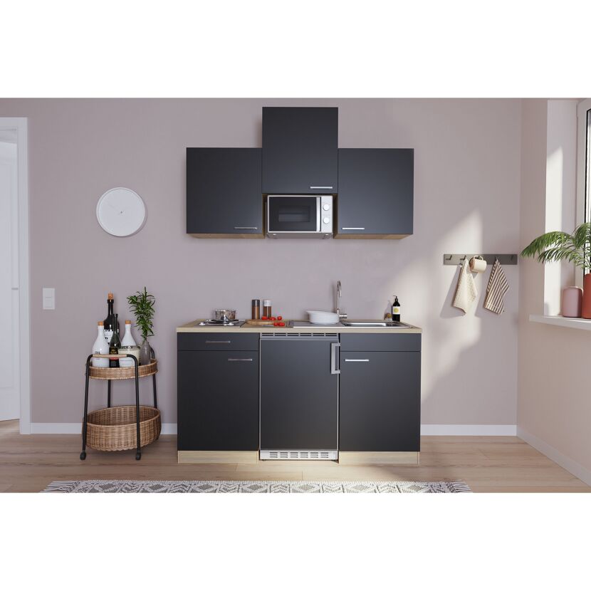 Küchenzeile 'Luis' mit E-Geräten schwarz/eichefarben 150 cm
