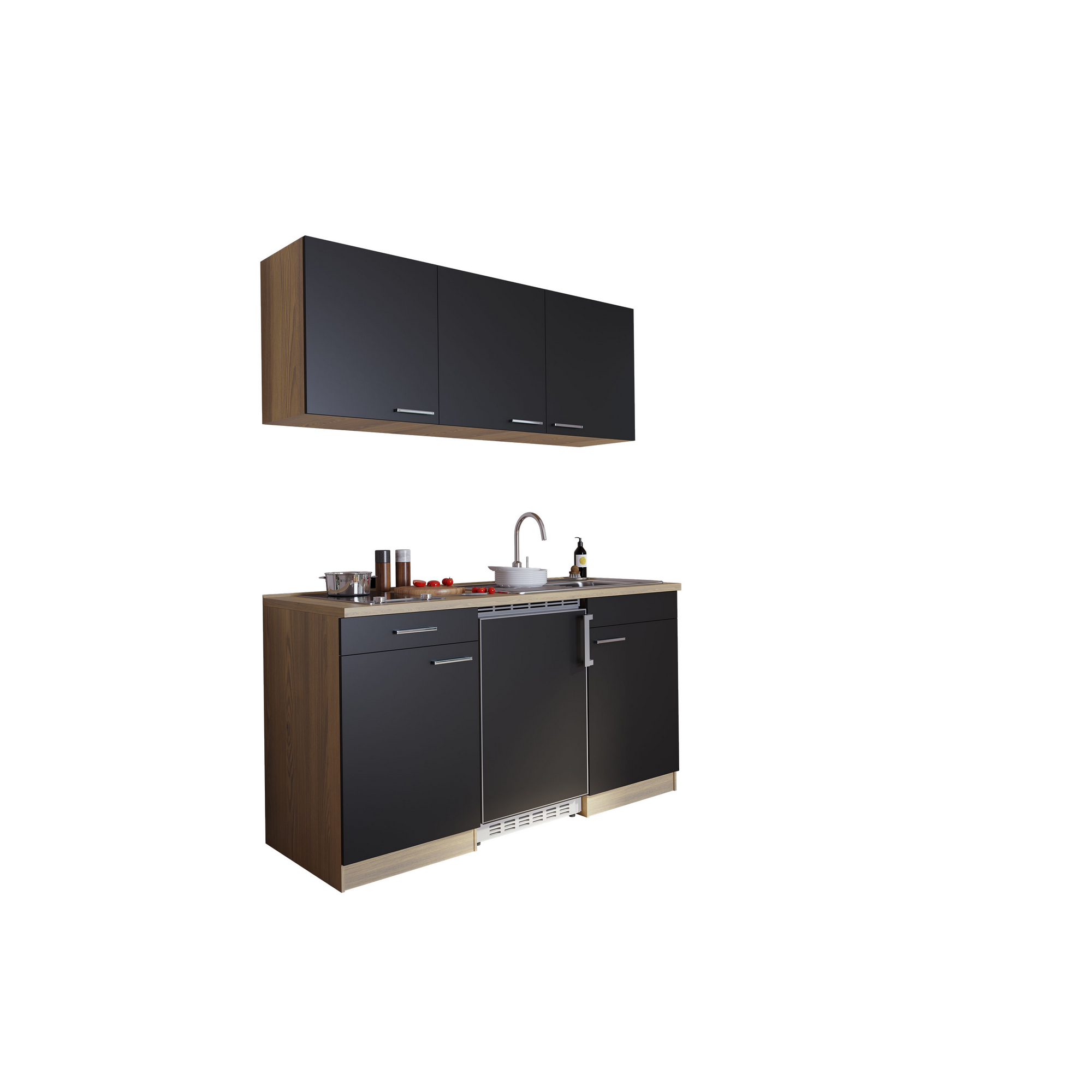 Küchenzeile 'Luis' mit E-Geräten schwarz/eichefarben 150 cm