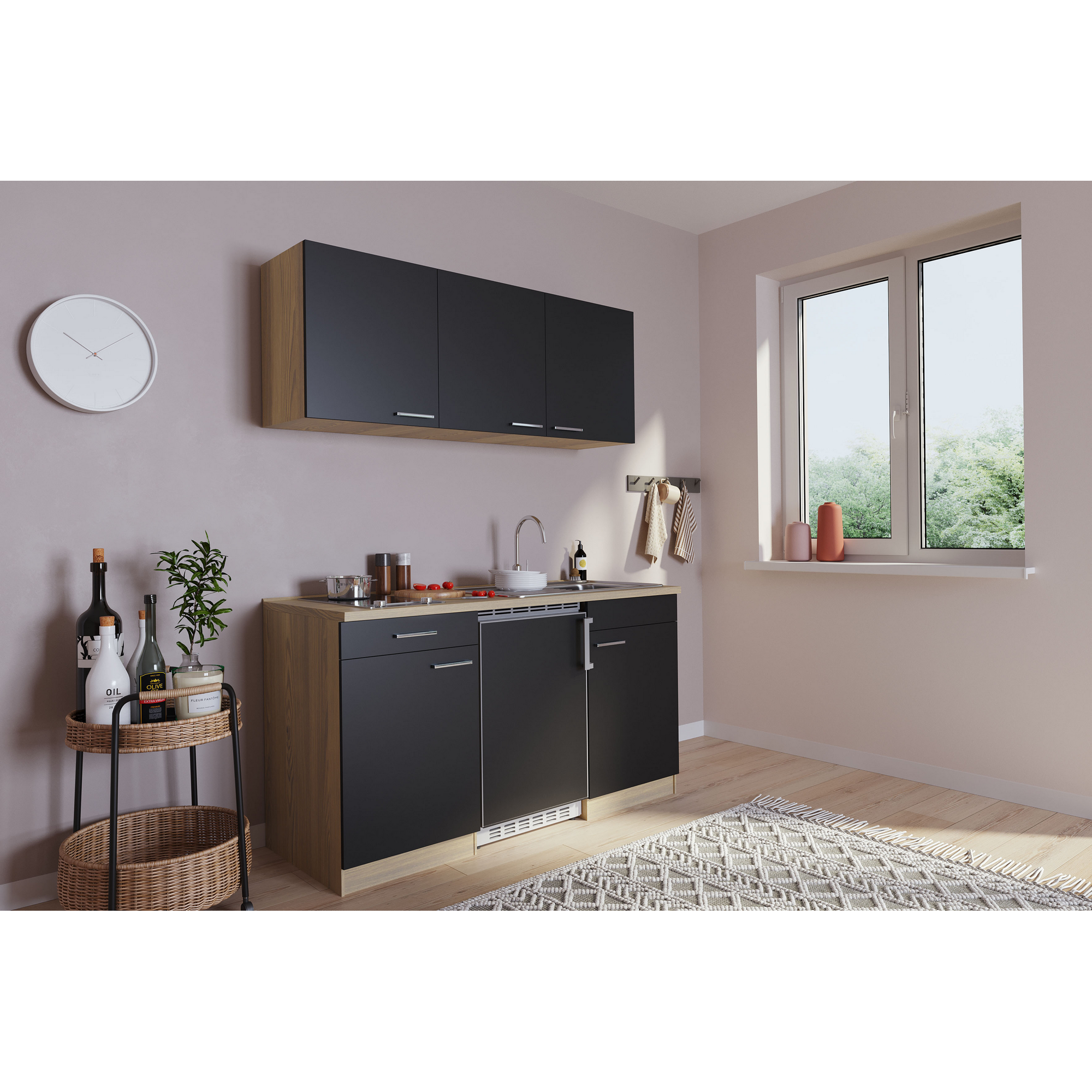 Küchenzeile 'Luis' mit E-Geräten schwarz/eichefarben 150 cm