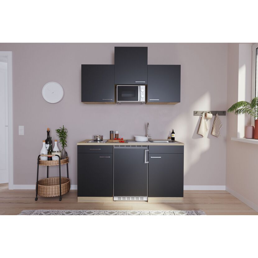 Küchenzeile 'Luis' mit E-Geräten schwarz/eichefarben 150 cm