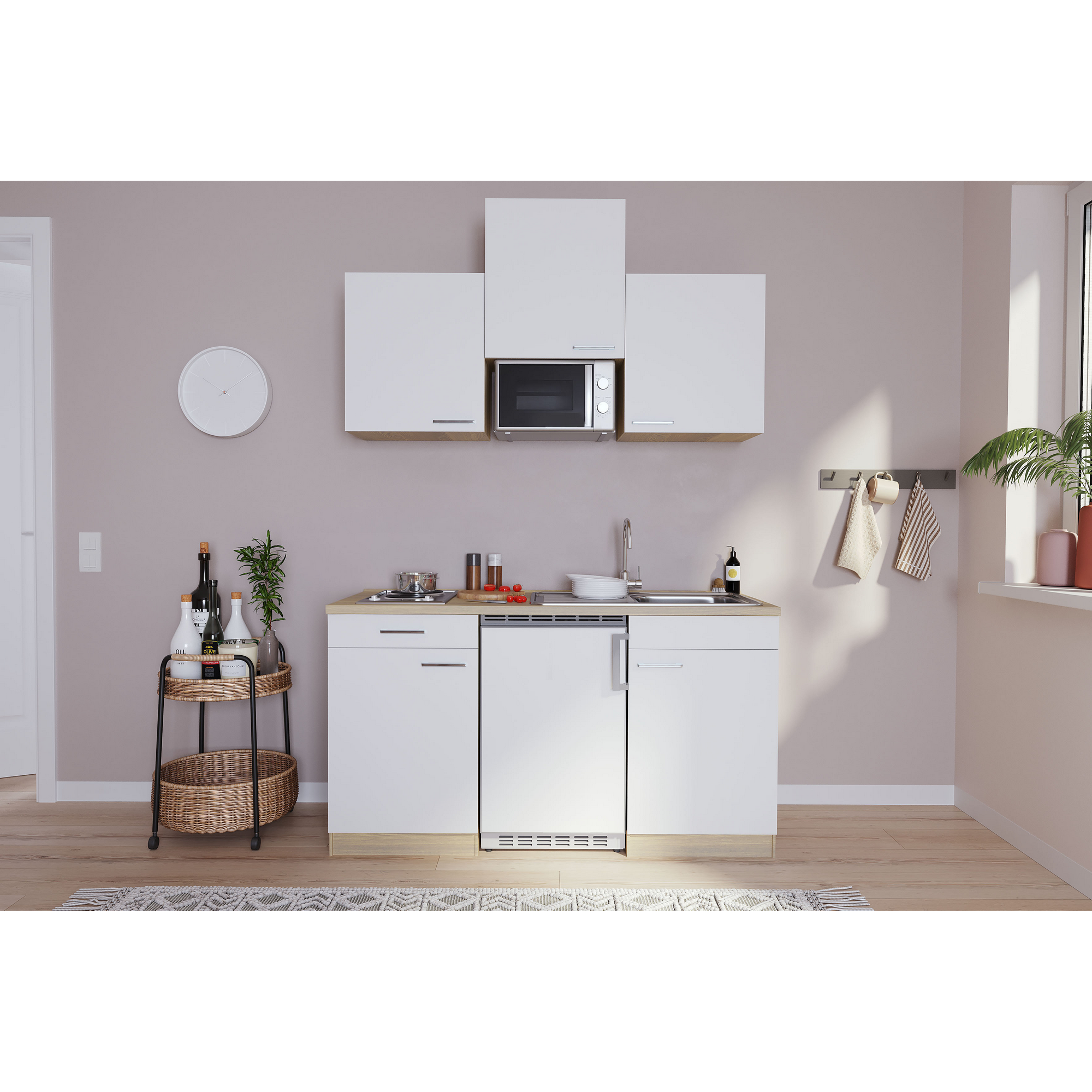 Küchenzeile 'Luis' mit E-Geräten weiß/eichefarben 150 cm