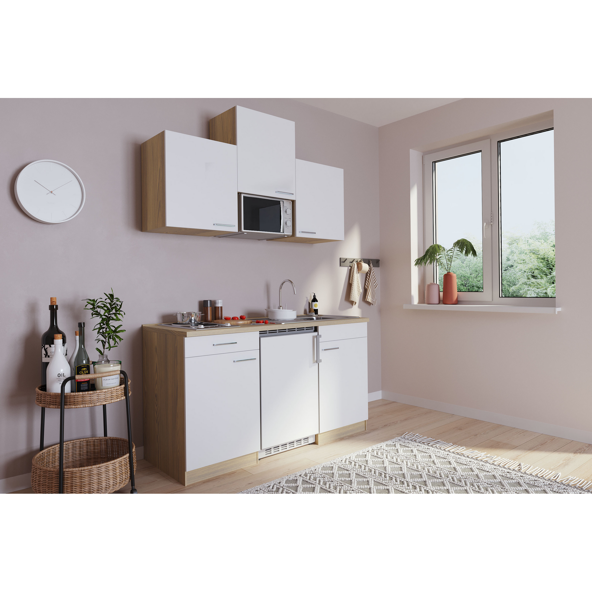 Küchenzeile 'Luis' mit E-Geräten weiß/eichefarben 150 cm