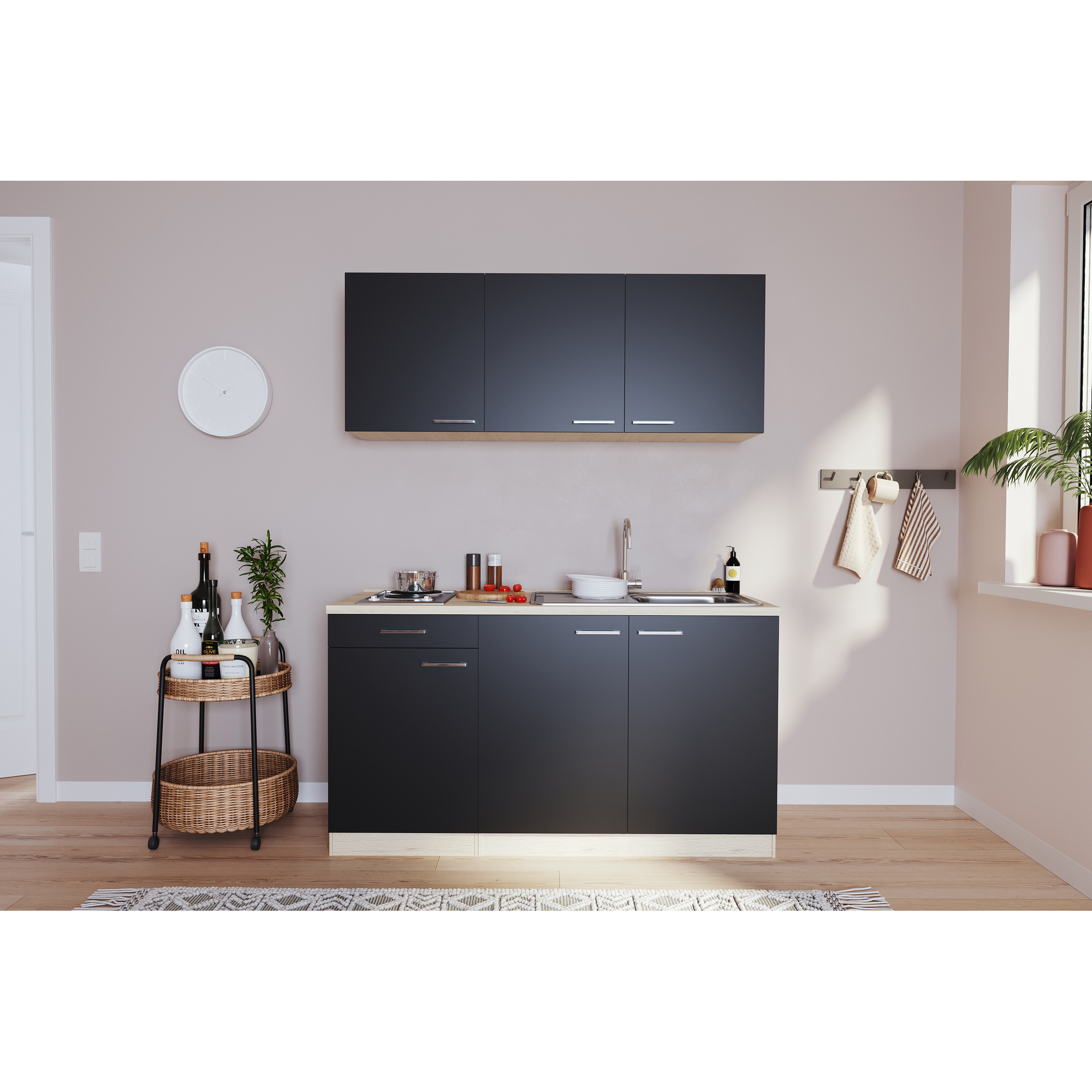 Küchenzeile 'Luis' mit E-Geräten schwarz/eichefarben 150 cm