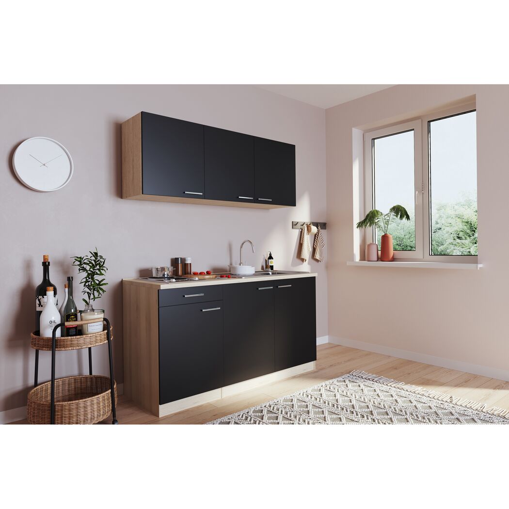Küchenzeile 'Luis' mit E-Geräten schwarz/eichefarben 150 cm