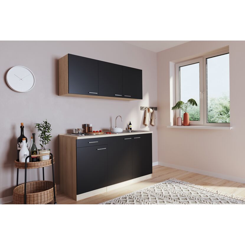 Küchenzeile 'Luis' mit E-Geräten schwarz/eichefarben 150 cm