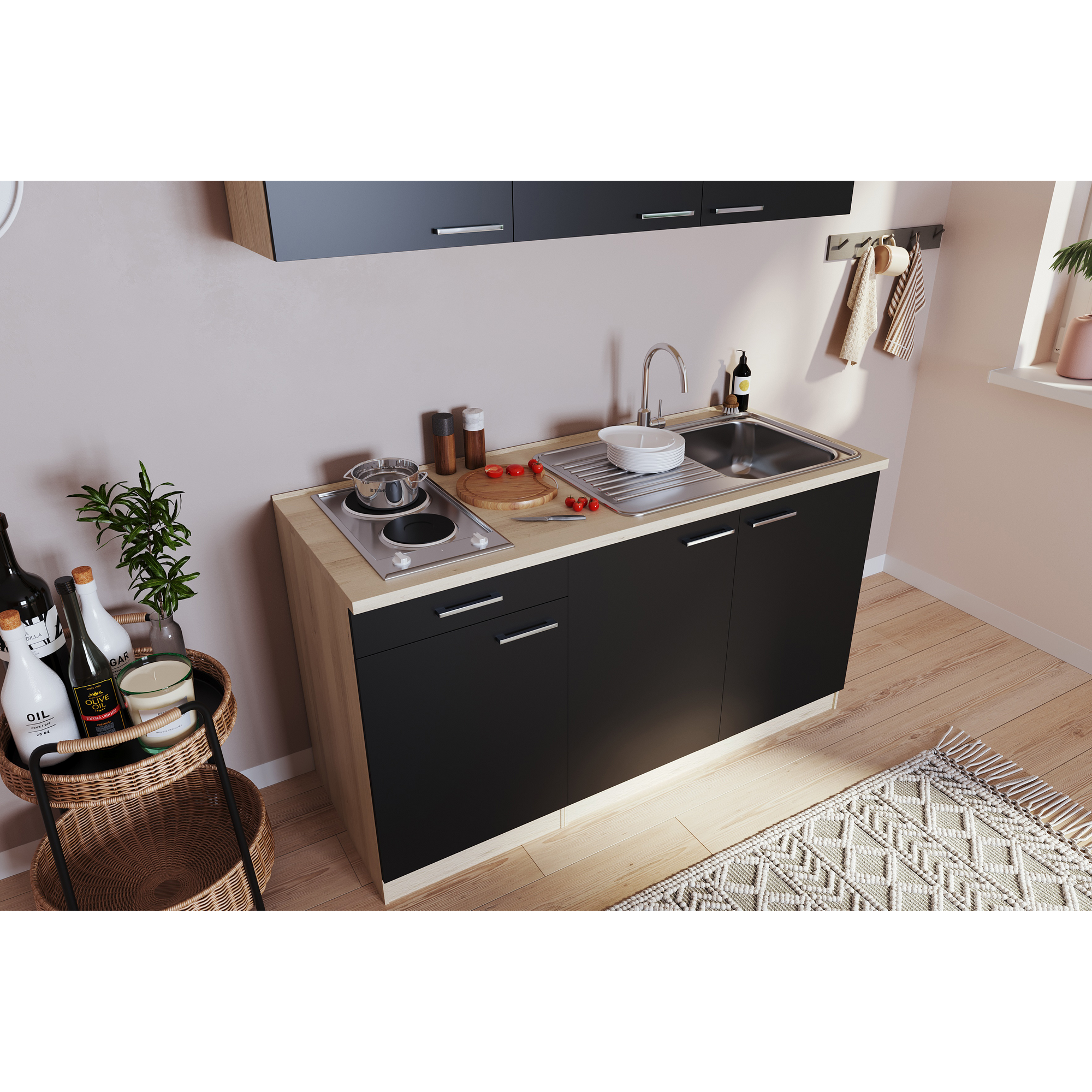 Küchenzeile 'Luis' mit E-Geräten schwarz/eichefarben 150 cm