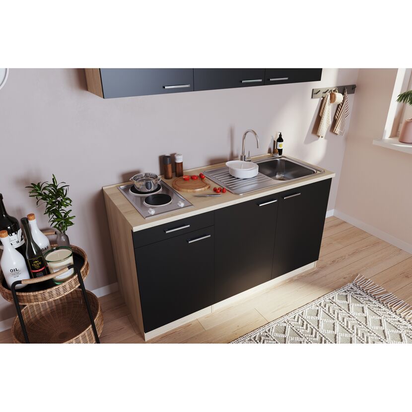 Küchenzeile 'Luis' mit E-Geräten schwarz/eichefarben 150 cm
