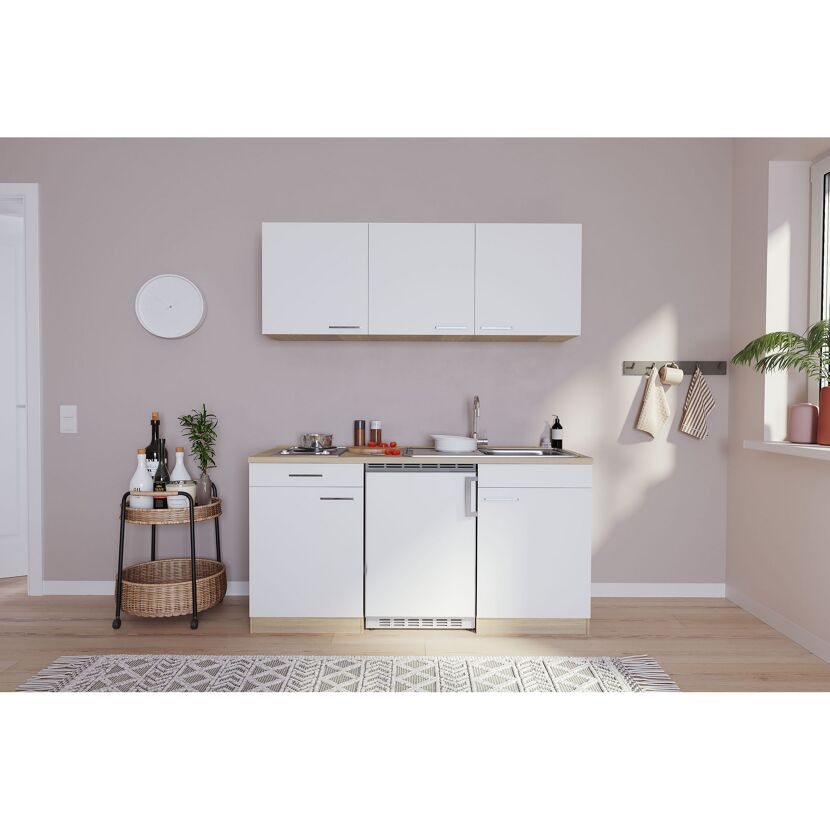 Küchenzeile 'Luis' mit E-Geräten weiß/eichefarben 150 cm