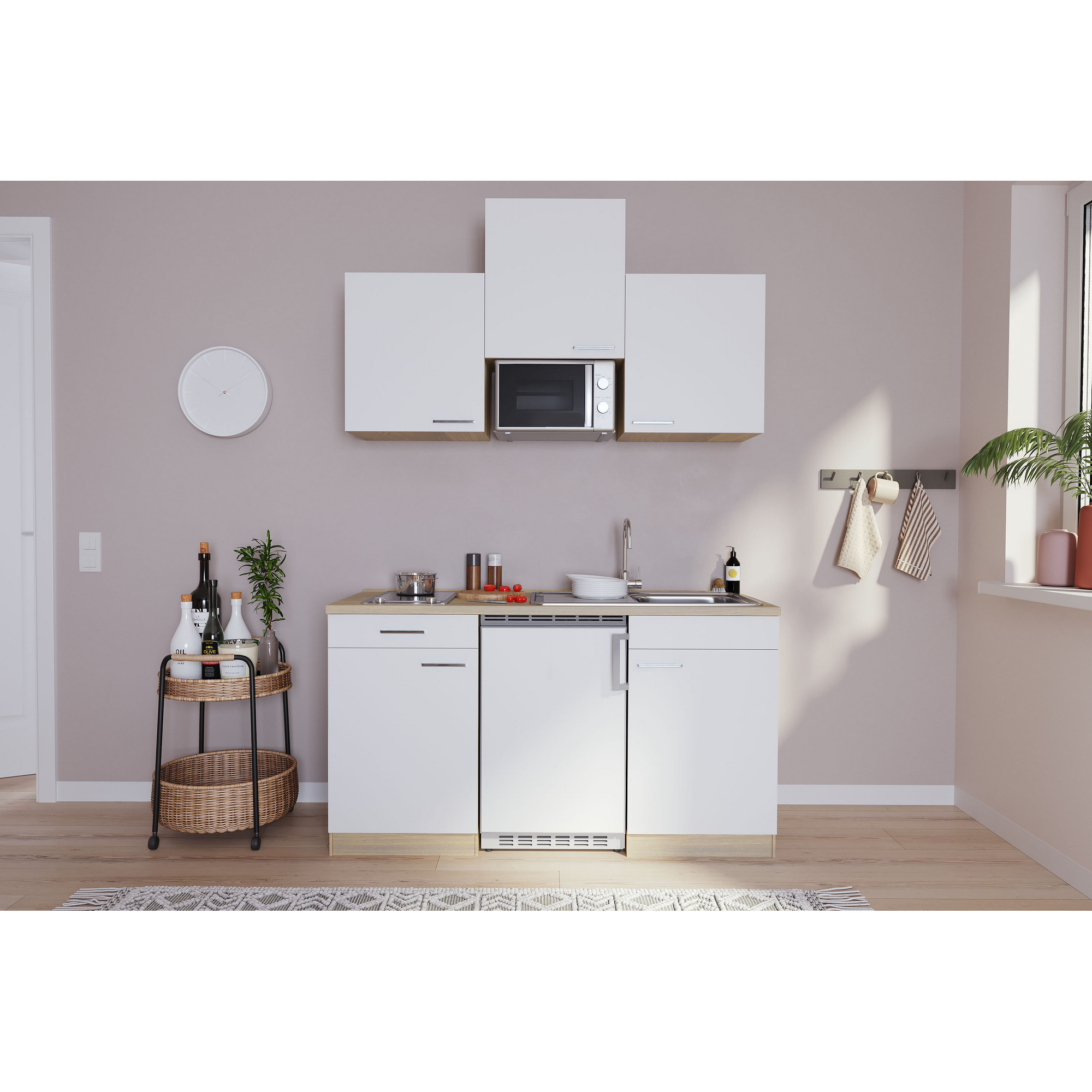 Küchenzeile 'Luis' mit E-Geräten weiß/eichefarben 150 cm