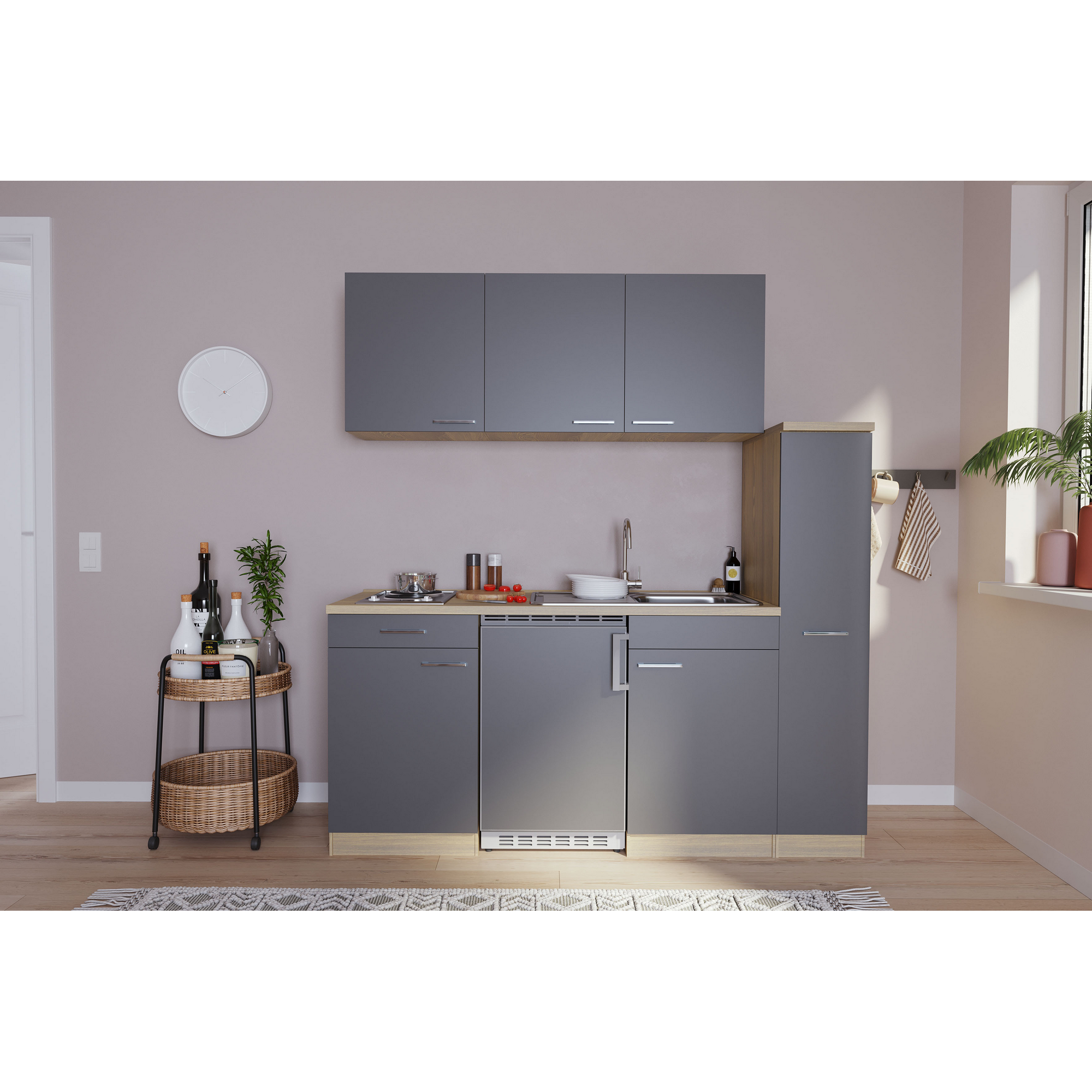 Küchenzeile 'Luis' mit E-Geräten schwarz/eichefarben 180 cm