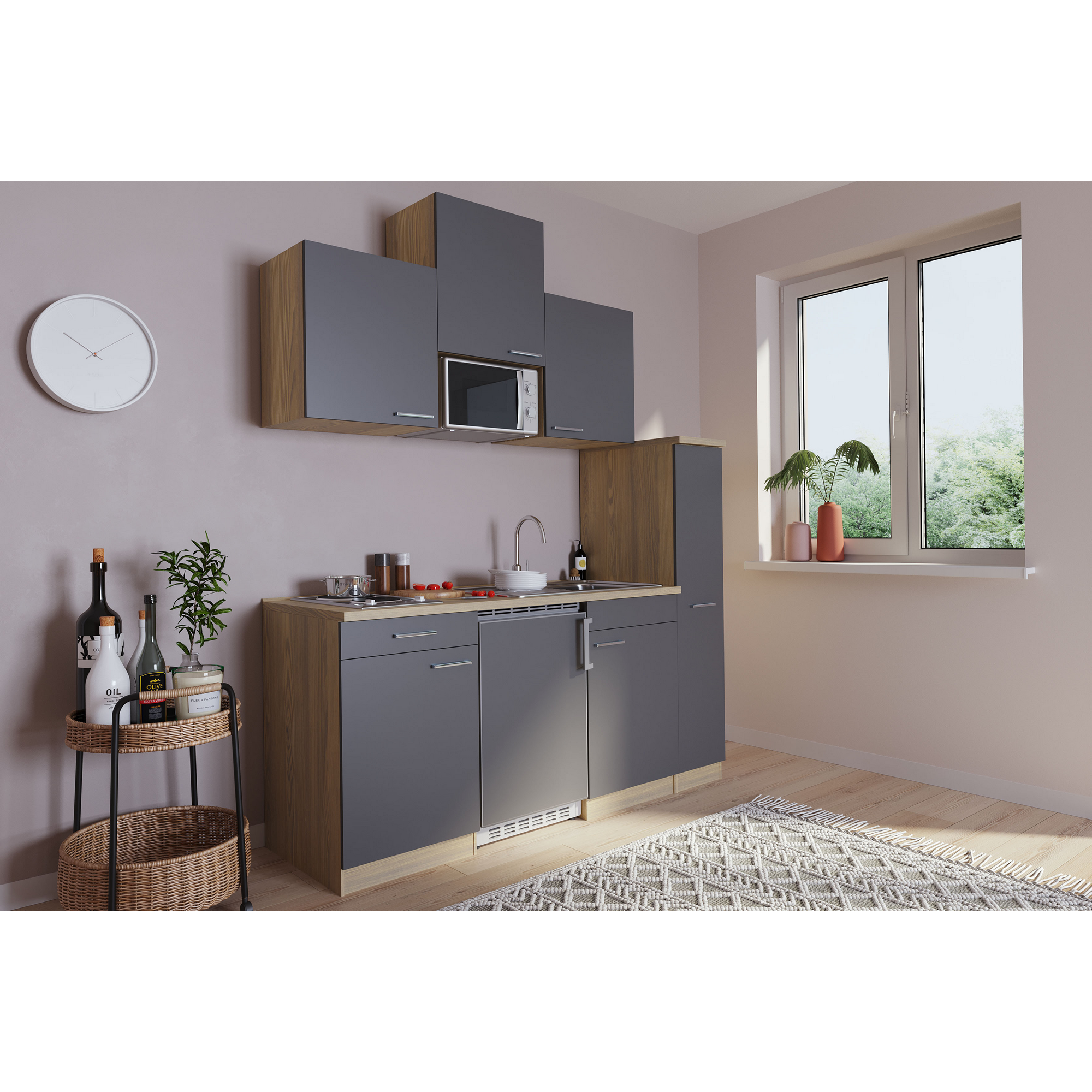 Küchenzeile 'Luis' mit E-Geräten grau/eichefarben 180 cm