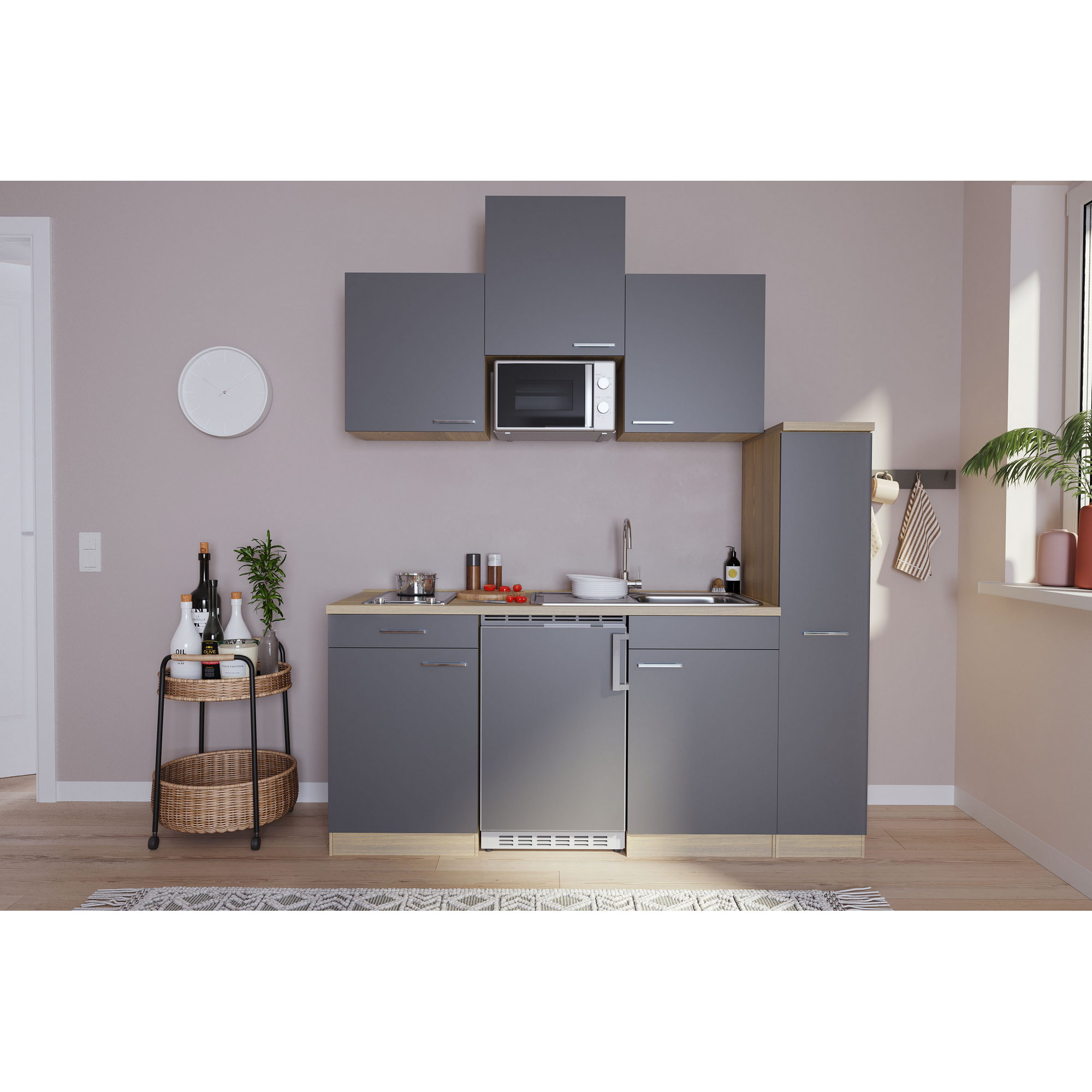 Küchenzeile 'Luis' mit E-Geräten grau/eichefarben 180 cm