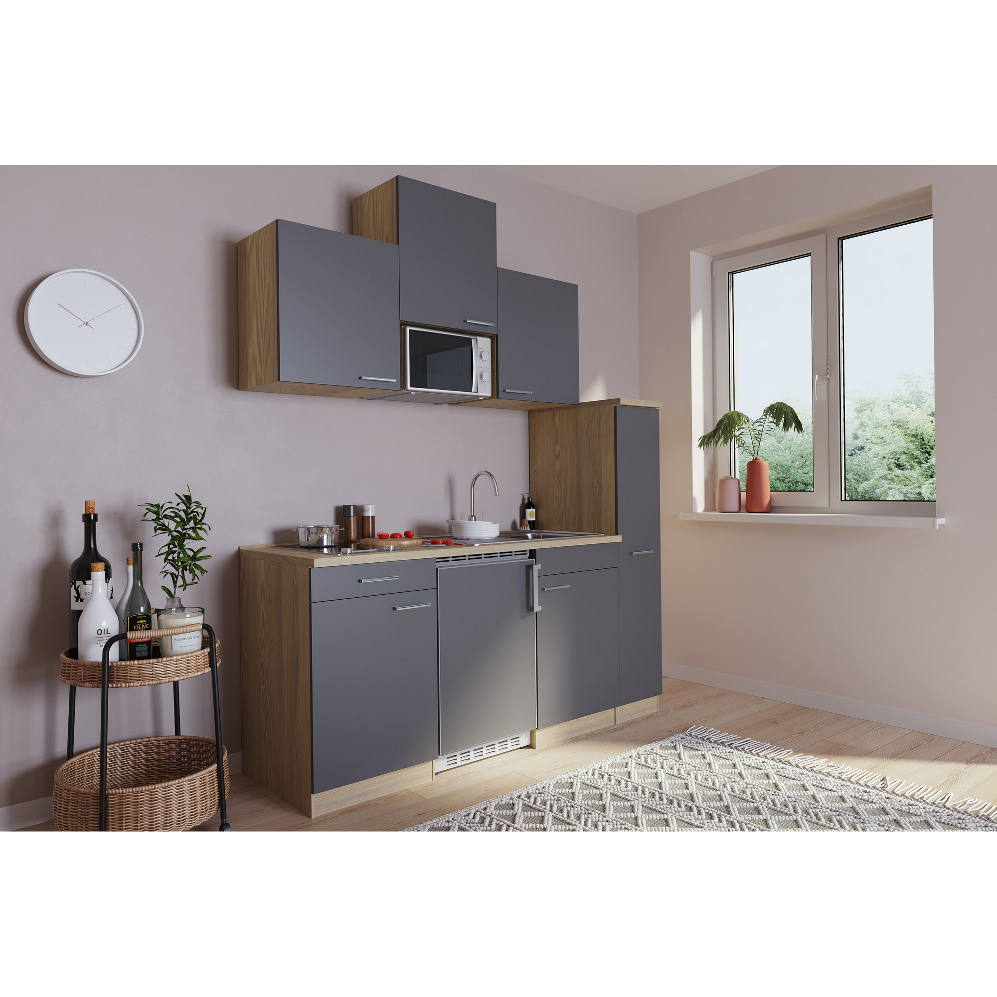 Küchenzeile 'Luis' mit E-Geräten grau/eichefarben 180 cm