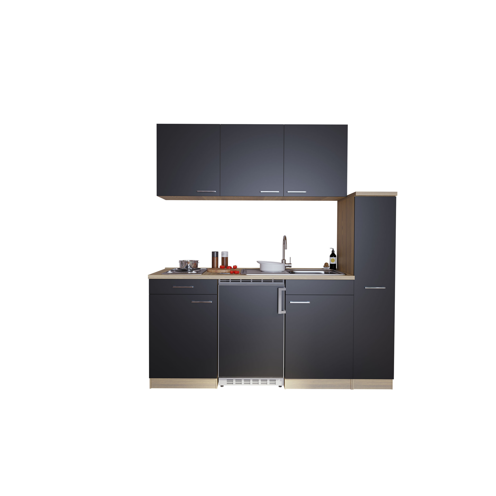 Küchenzeile 'Luis' mit E-Geräten schwarz/eichefarben 180 cm