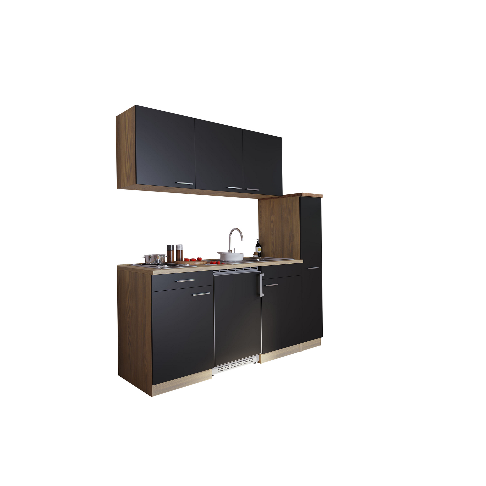 Küchenzeile 'Luis' mit E-Geräten schwarz/eichefarben 180 cm