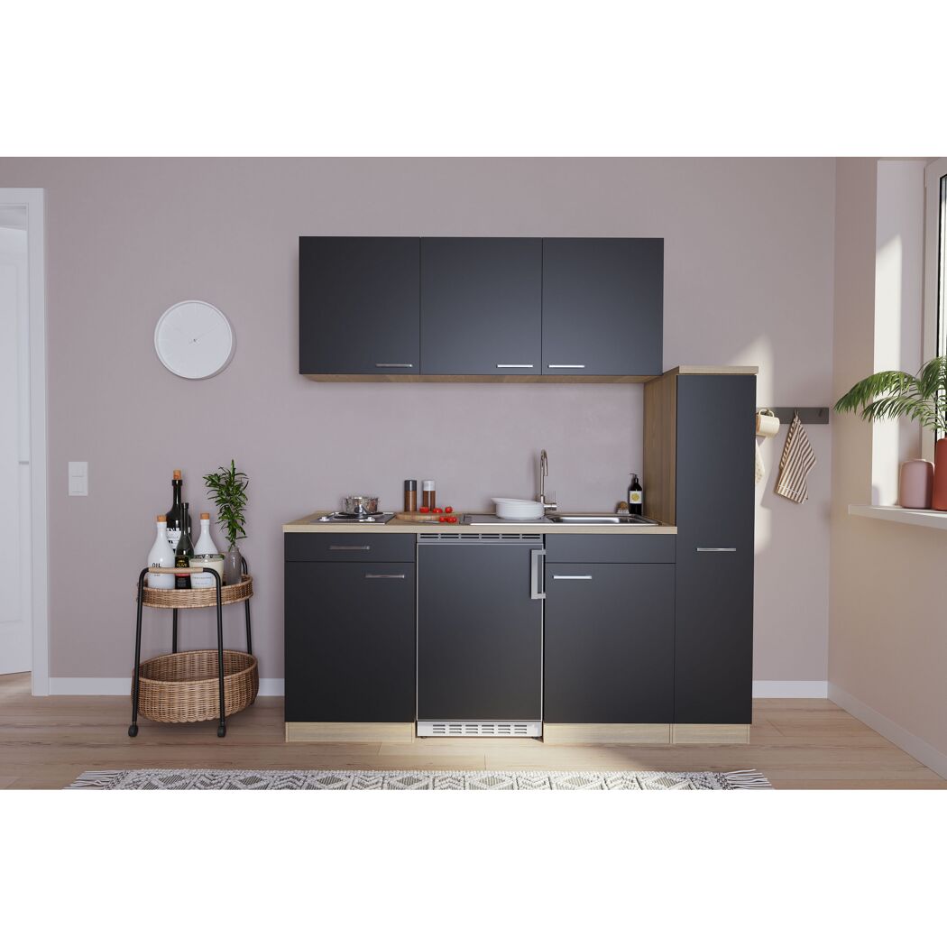 Küchenzeile 'Luis' mit E-Geräten schwarz/eichefarben 180 cm