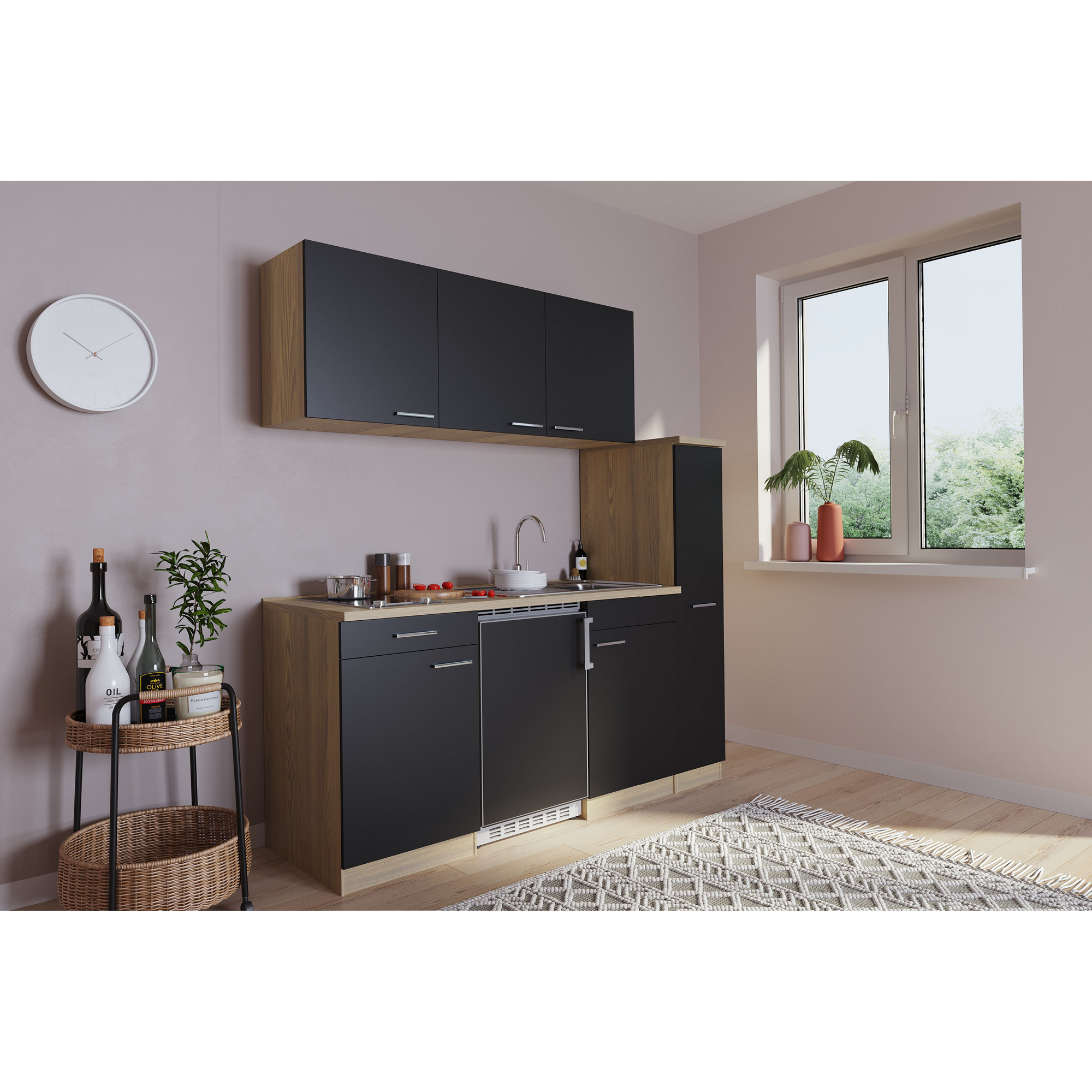 Küchenzeile 'Luis' mit E-Geräten schwarz/eichefarben 180 cm