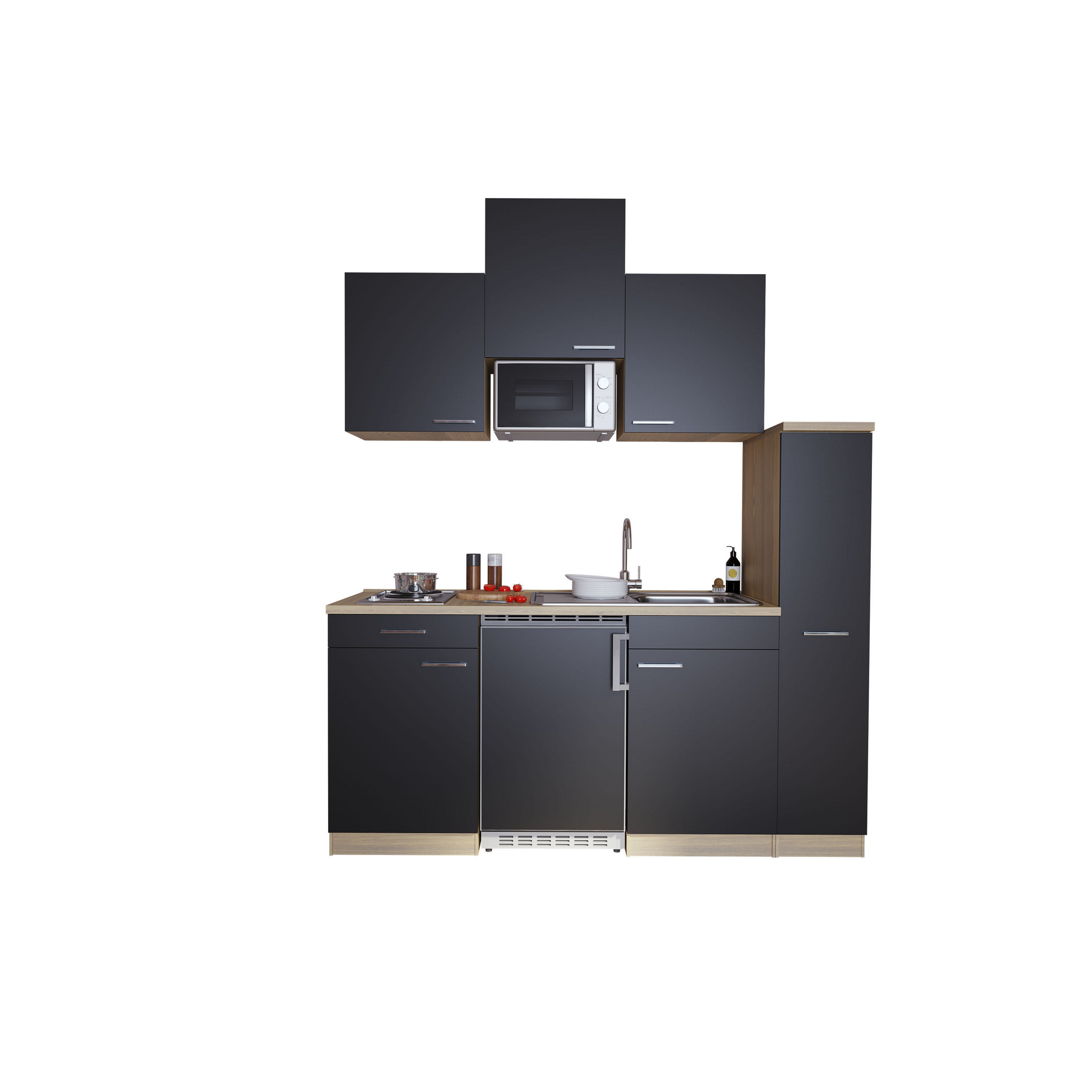 Küchenzeile 'Luis' mit E-Geräten schwarz/eichefarben 180 cm