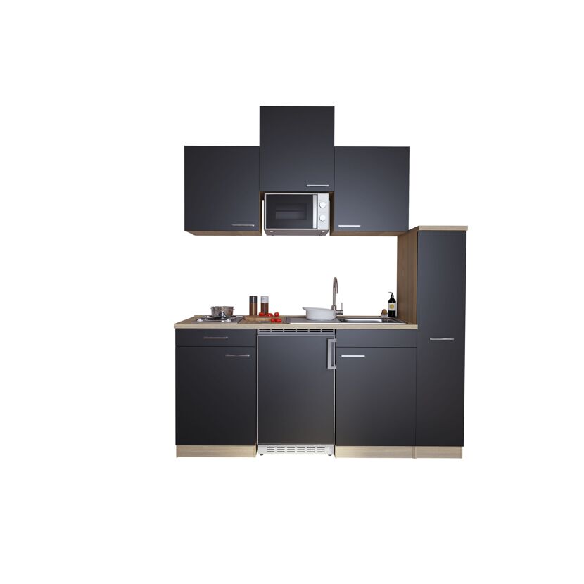 Küchenzeile 'Luis' mit E-Geräten schwarz/eichefarben 180 cm