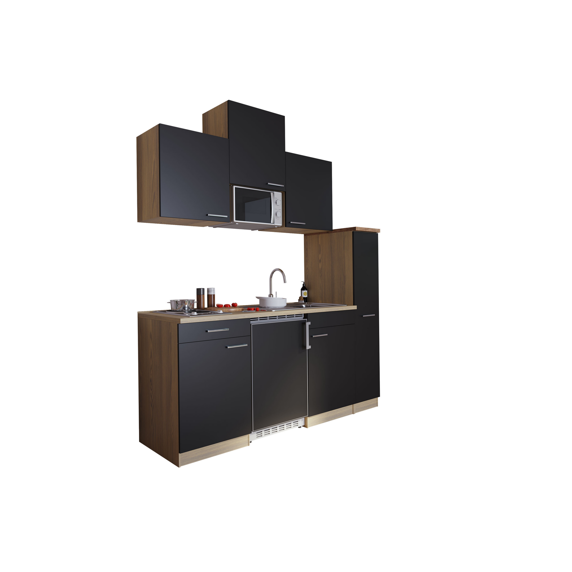 Küchenzeile 'Luis' mit E-Geräten schwarz/eichefarben 180 cm