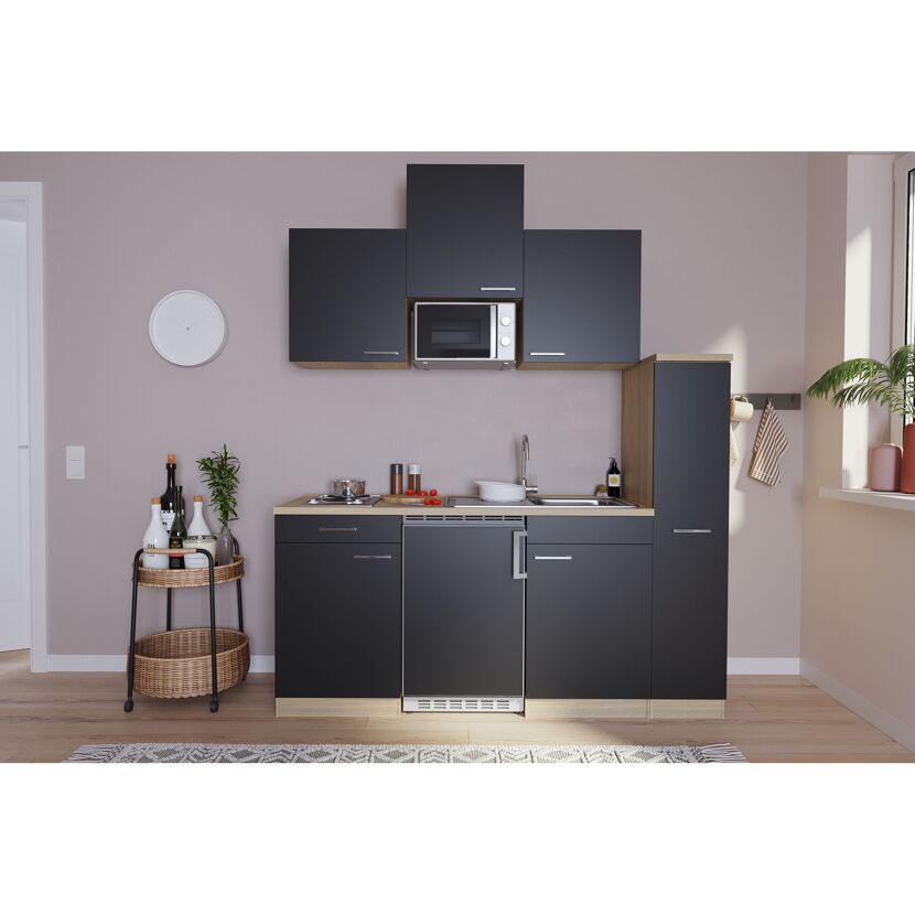 Küchenzeile 'Luis' mit E-Geräten schwarz/eichefarben 180 cm