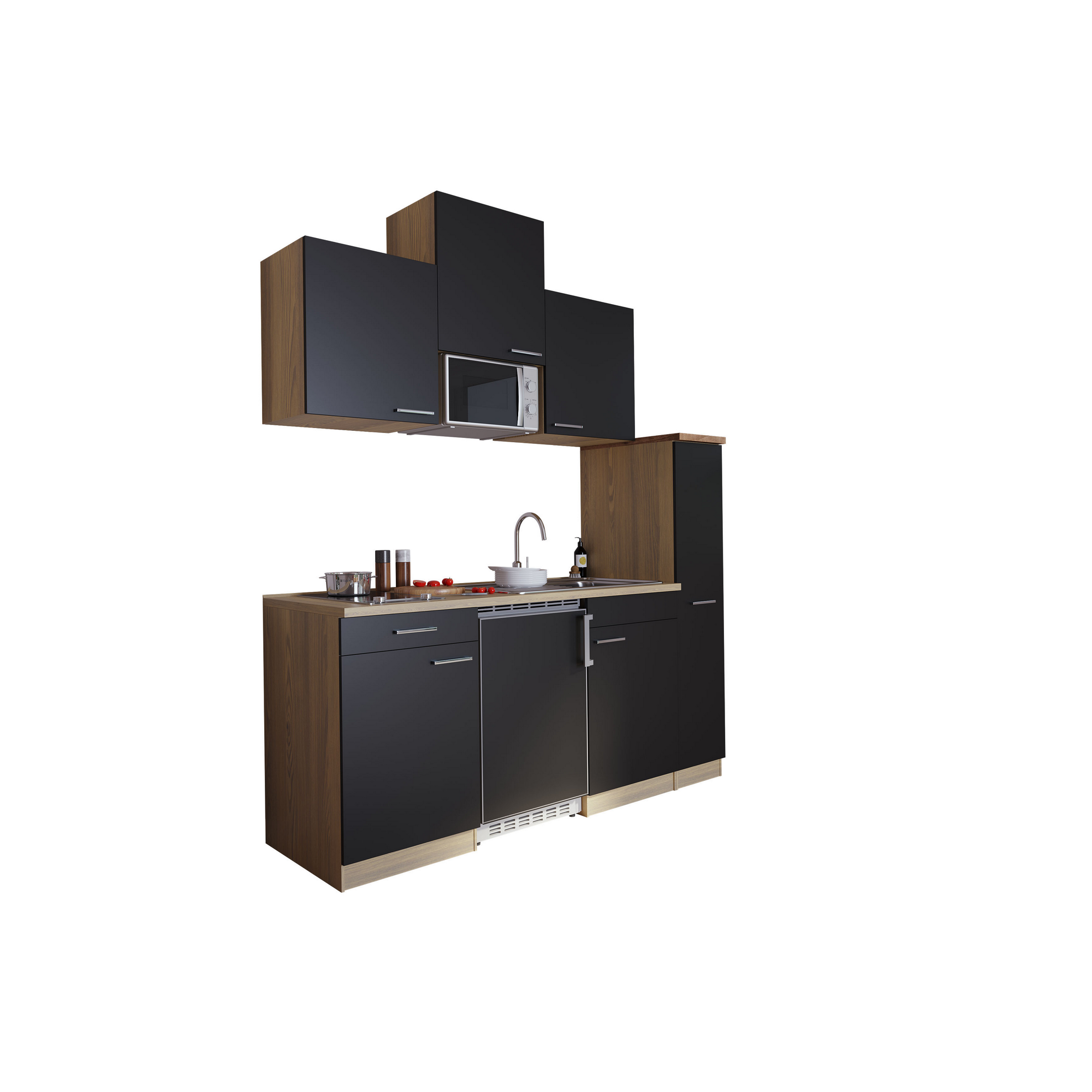 Küchenzeile 'Luis' mit E-Geräten schwarz/eichefarben 180 cm