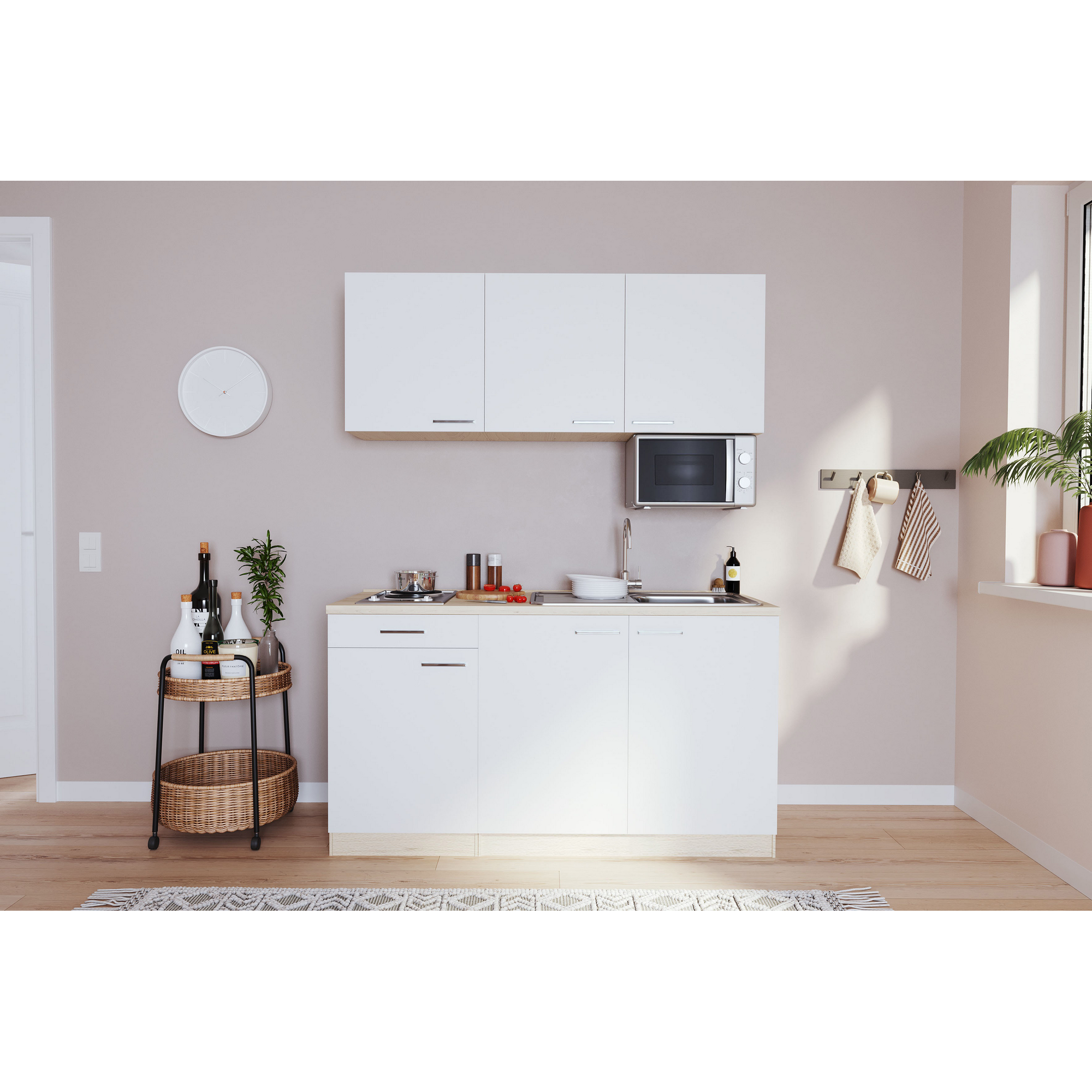 Küchenzeile 'Luis' mit E-Geräten weiß/eichefarben 150 cm ohne Kühlschrank