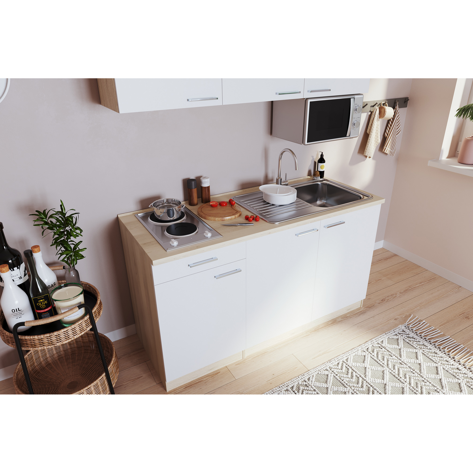 Küchenzeile 'Luis' mit E-Geräten weiß/eichefarben 150 cm ohne Kühlschrank