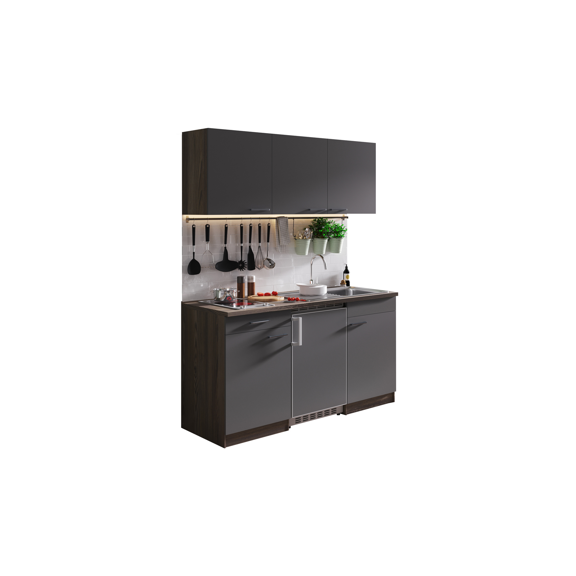 Küchenzeile 'Oliver' mit E-Gerätengrau/eichefarben 150 cm